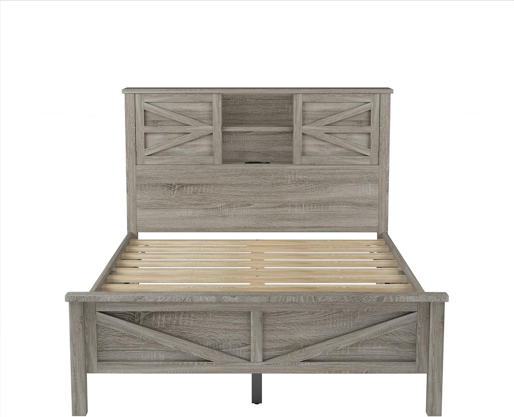 Farmhouse 3-Pieces Bedroom Sets Full Size Farmhouse Platform Bed with Double Sliding Door Storage Headboard and Charging Station,Solid Wood Platform Bed with Storage Nightstand and Dresser,Gray