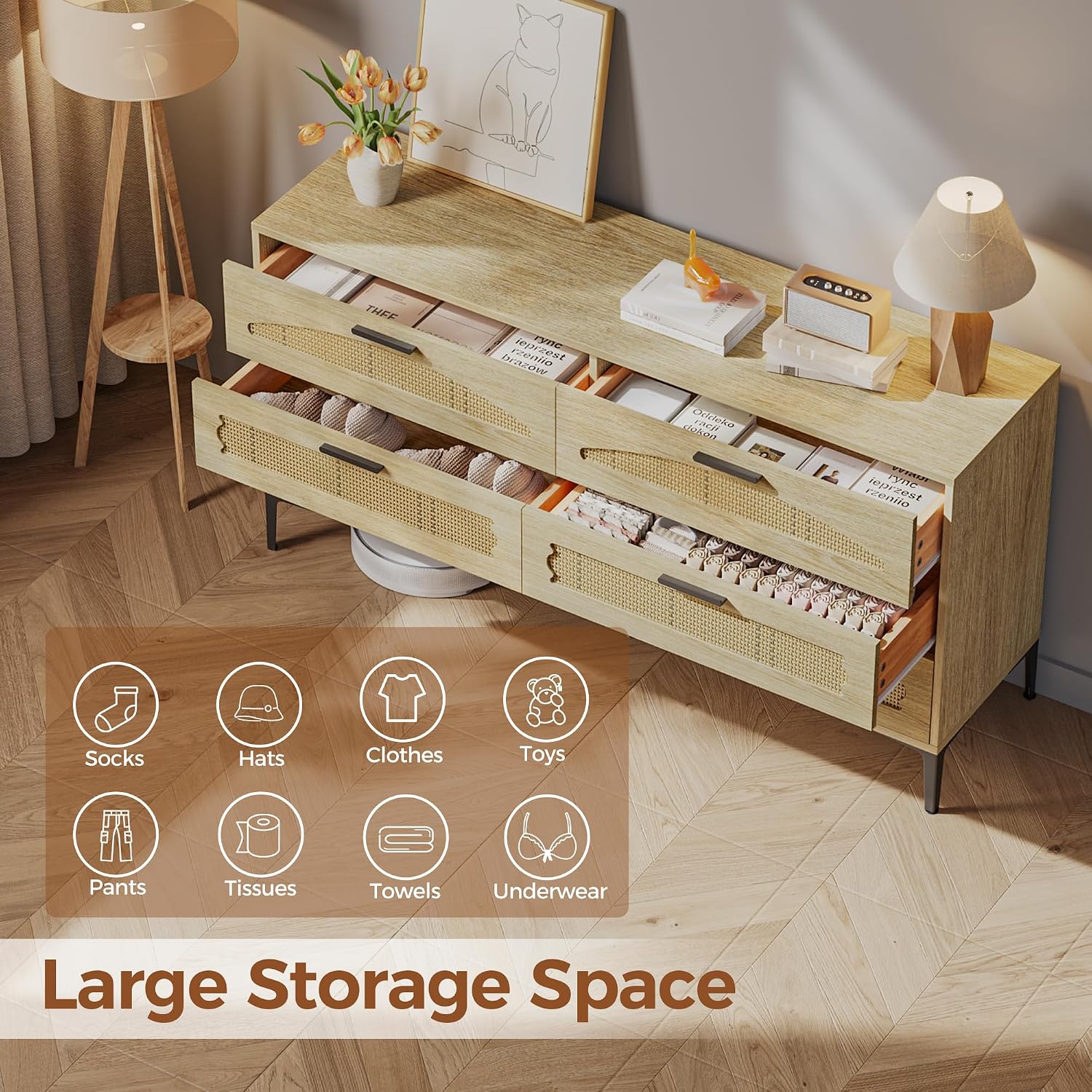 Mericonia 6 Drawer Double Dresser for Bedroom, Wood Rattan Dresser for Closet with Metal Legs, Boho TV Stand with Drawers, Dressers & Chests of Drawers for Bedroom, Hallway and Entryway, Oak