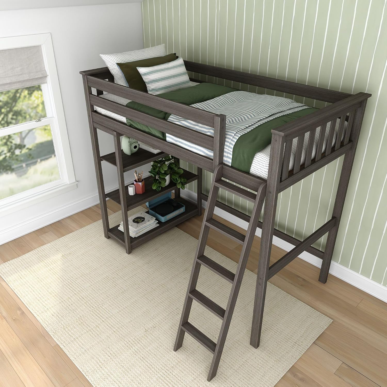Max & Lily High Loft Bed, Twin Bed Frame For Kids With Bookcase, Clay