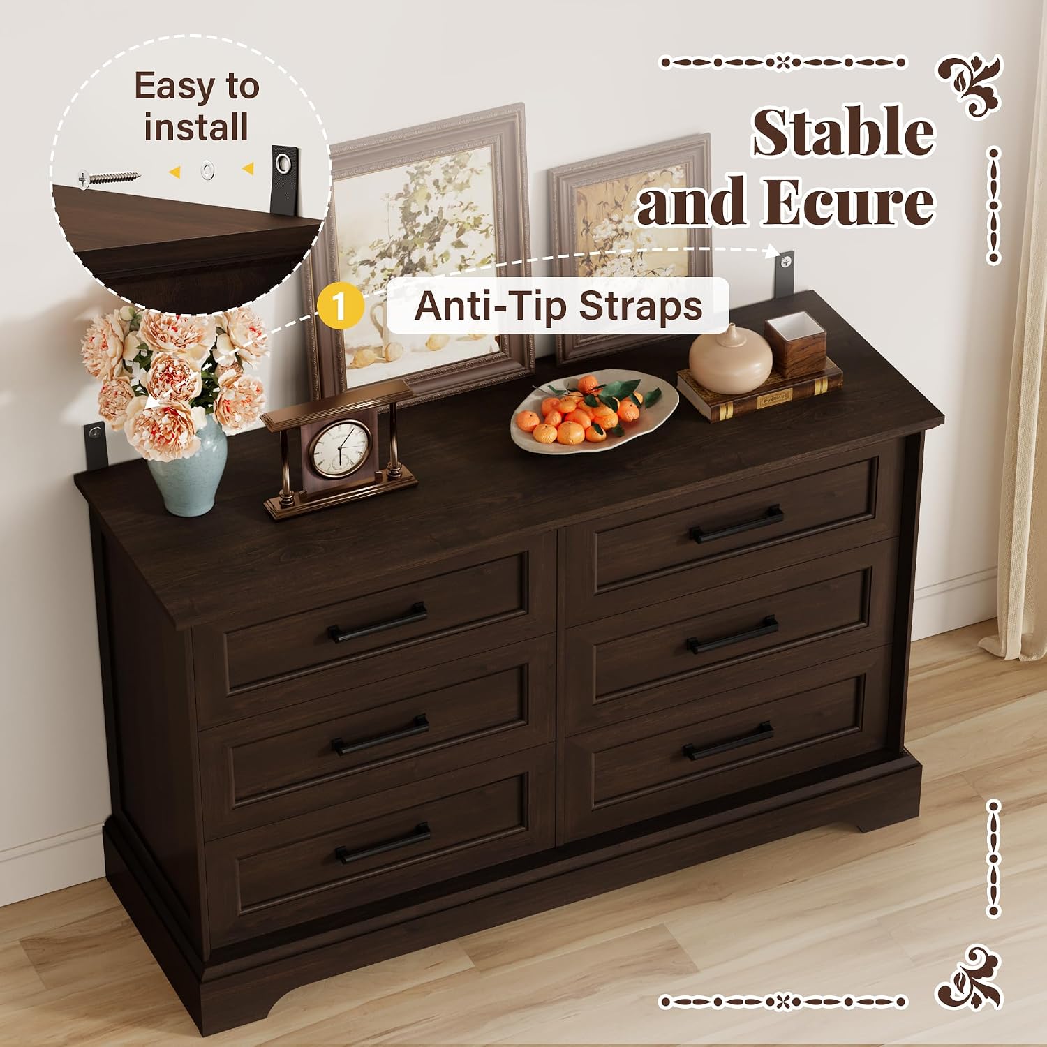 Furmax Farmhouse Dresser for Bedroom, 6 Drawers Dresser, Wood Chest of Drawers, 47.2' Wide Storage Dressers Organizer for Bedroom, Living Room, Dark Brown