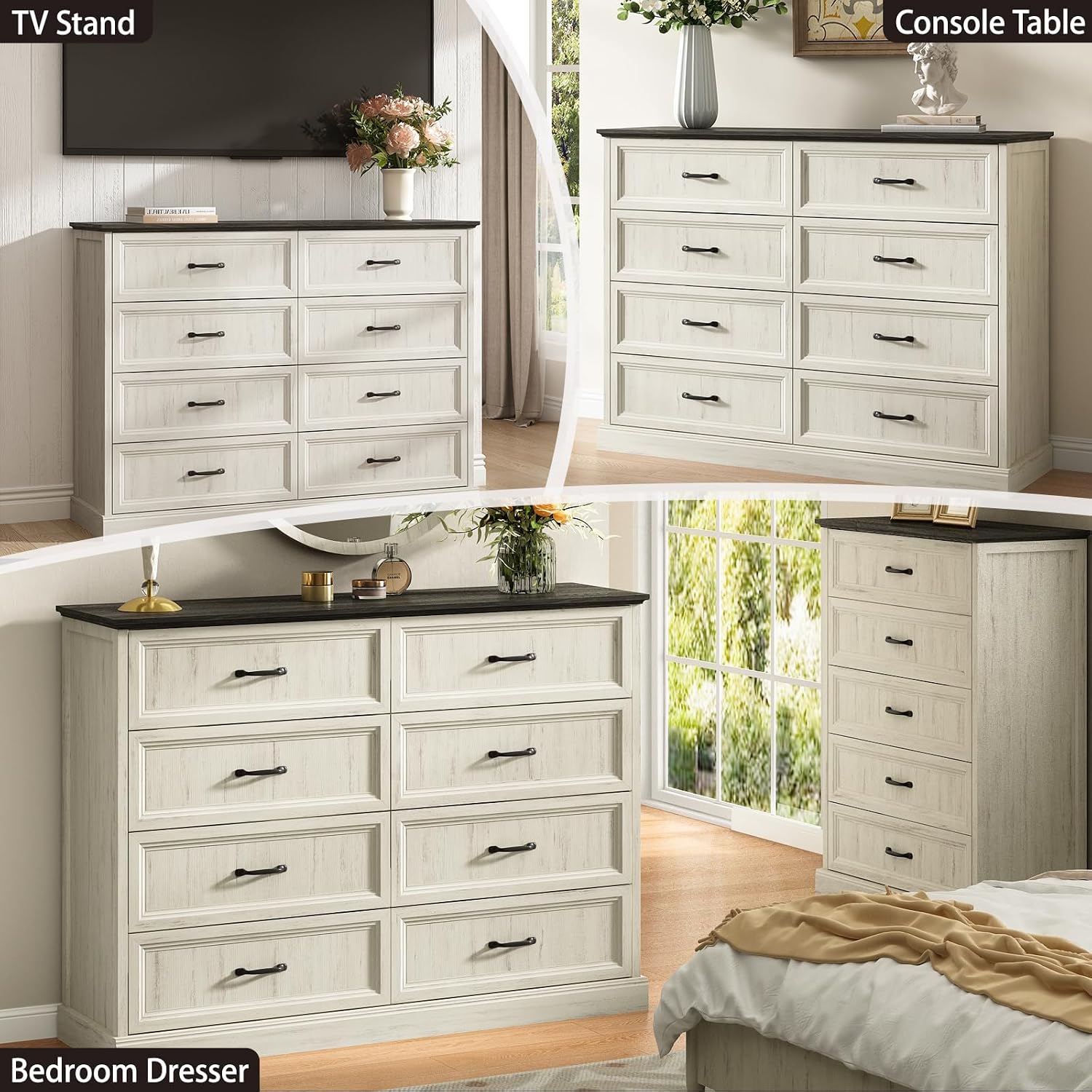 CARPETNAL Farmhouse 8 Drawer Dresser for Bedroom, 55' Wide Modern White Dresser TV Stand with Large Drawers & Bar Handles, Rustic Wood Chest of Drawers for Bedroom, Living Room, Hallway, Entryway.