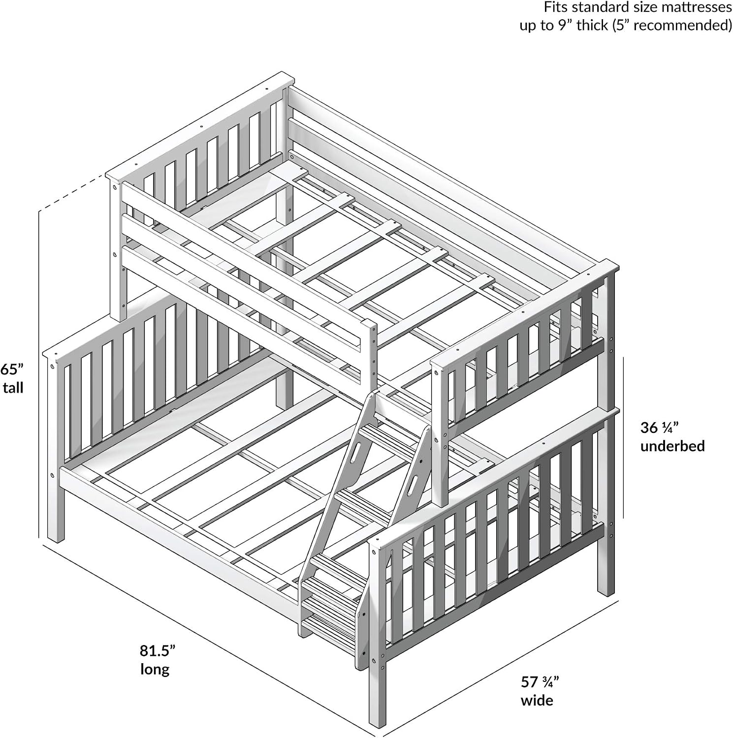 Max & Lily Bunk Bed Twin Over Full Size with Ladder, Solid Wood Platform Bed Frame with Ladder for Kids, 14' Safety Guardrails, Easy Assembly, No Box Spring Needed, Natural