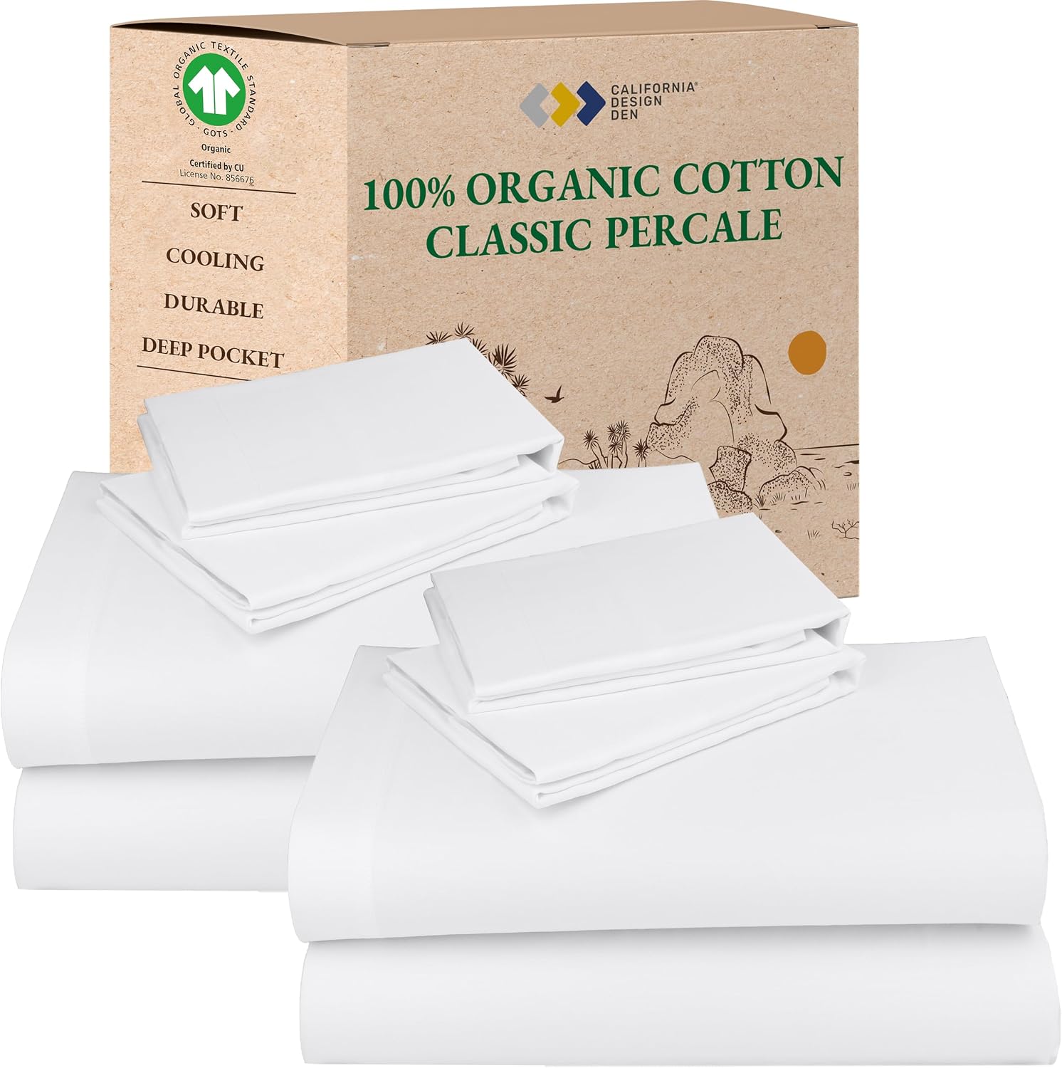 California Design Den Pack of 2 Percale Sheets King Size Set - 100% Organic Cotton, Deep Pocket King Sheets Sets, Crisp, Breathable and Lightweight Bedding - White