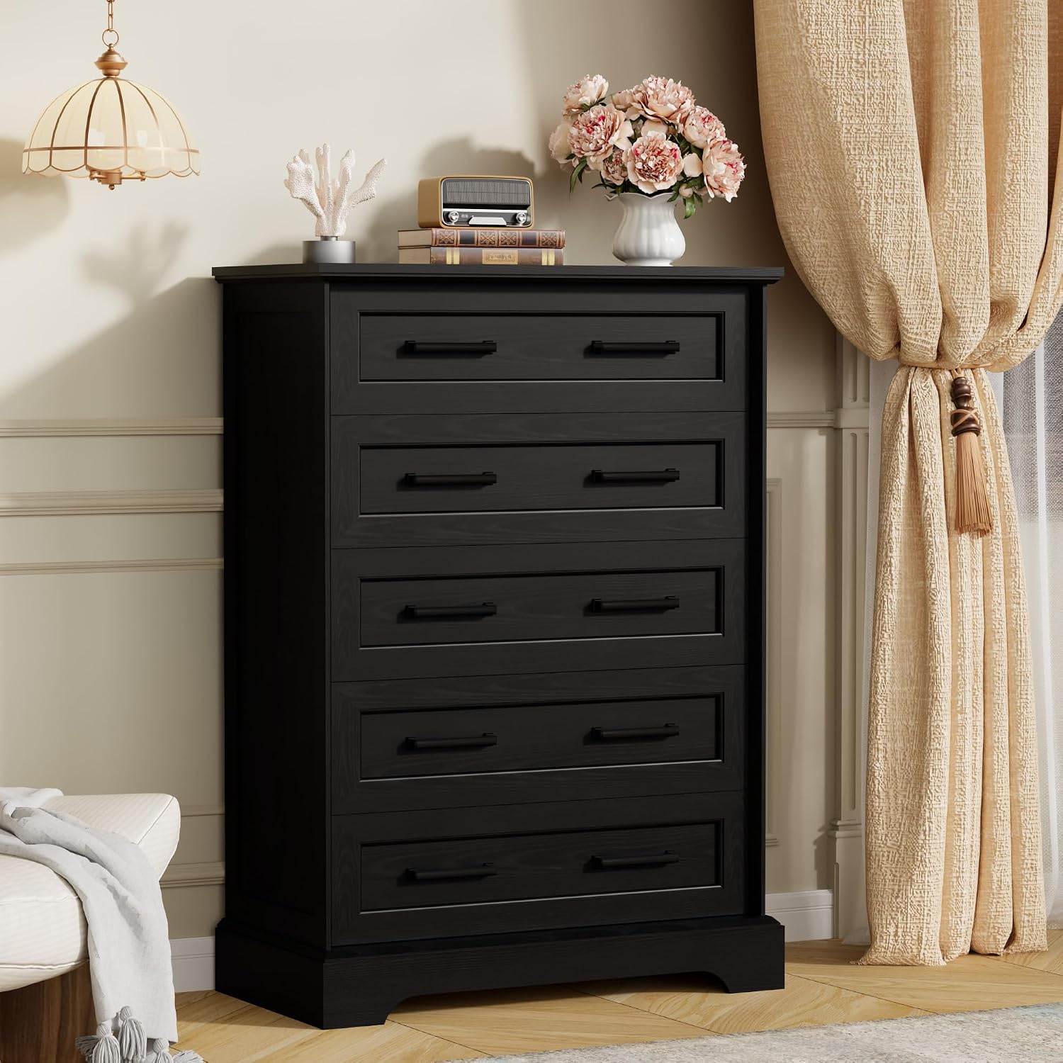 Furmax Farmhouse Dresser for Bedroom, 5 Drawers Dresser, Wood Chest of Drawers, 31.5' Wide Storage Dressers Organizer for Bedroom, Living Room (Black)