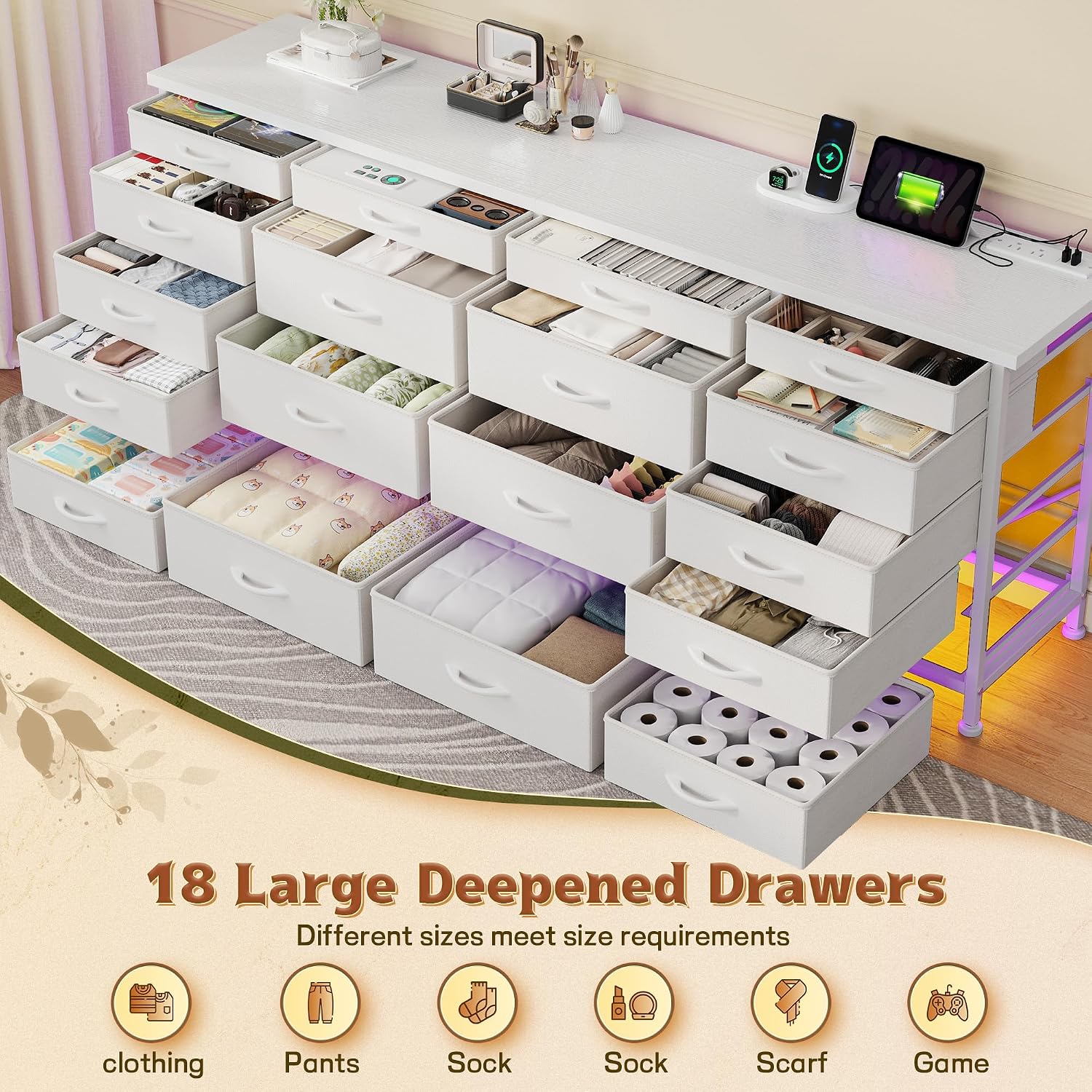 63'W TV Stand for Bedroom with LED Light & Power Outlets, Long White Dresser for Bedroom with 18 Deep Drawers for 65 70 75 inch TV, Fabric Dresser TV Stands for Living Room Entryway Hallway Closet