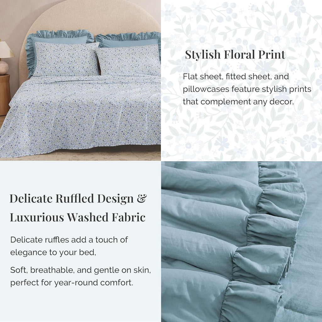 BLOOMHAVEN Oversized King Comforter Set - 7 Pieces Ruffle Blue Bedding Sets, Shabby Chic Farmhouse Bed in a Bag with Ruffle Comforter, Floral Sheets, Pillowcases & Shams