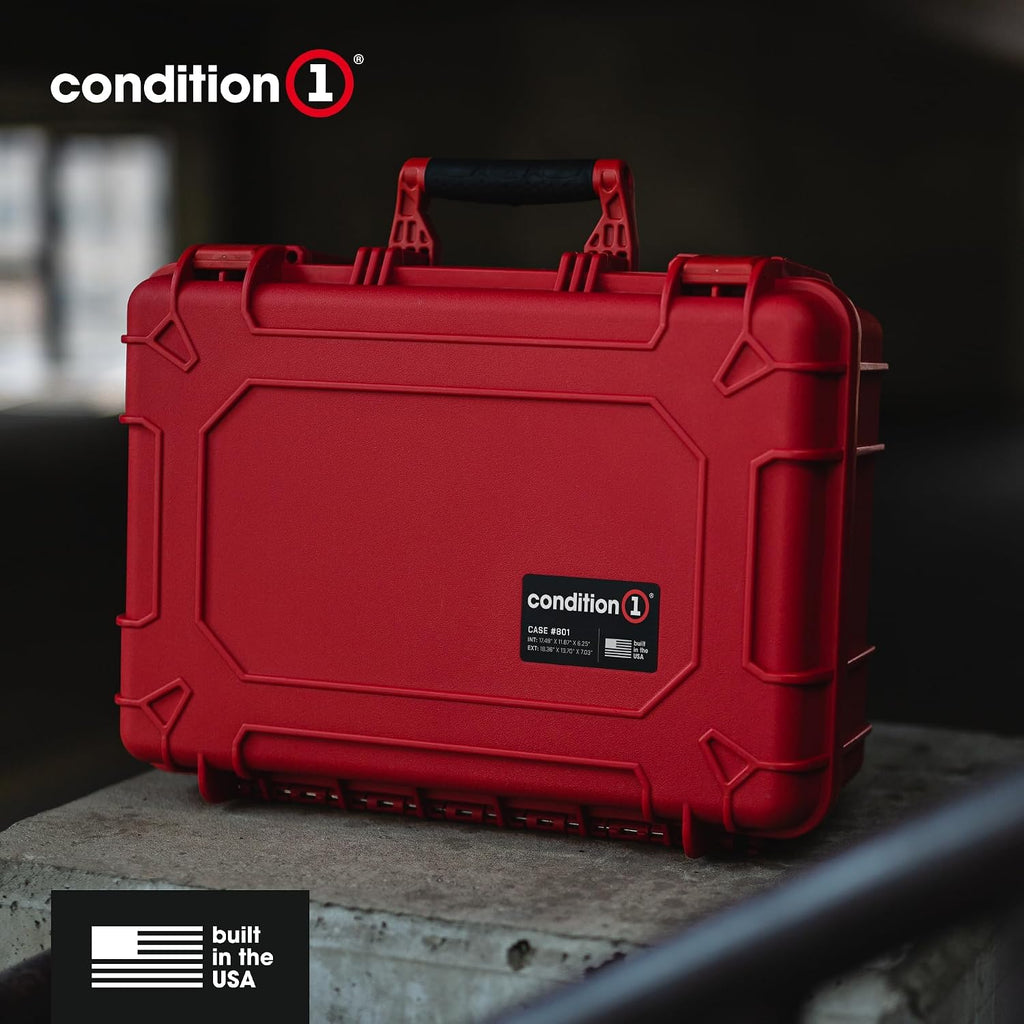 Condition 1 18' Medium Waterproof Hard Case with Foam, Model 801, Portable Protective Storage Box for Travel, Tactical Gear, Made in USA, 18.36'x13.70'x 7.03' Black