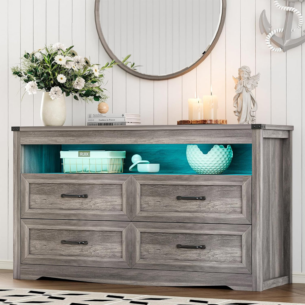 Dresser for Bedroom with 4 Drawers, Farmhouse Chest of Drawers with Natural Texture and LED Lights, Wide Wood Rustic Closet Storage Organizer, Modern Dresser TV Stand for Living Room, Entryway, Grey