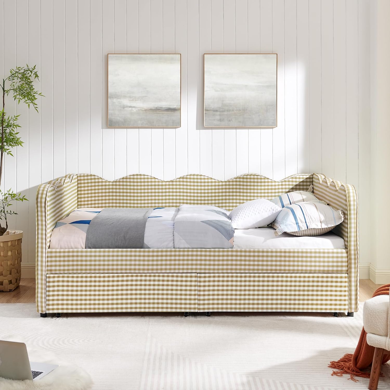 DEINPPA Full Size Upholstered Daybed with 2 Storage Drawers, Gingham Daybed with USB Ports for Bedroom Living Room Guest Room-Brown
