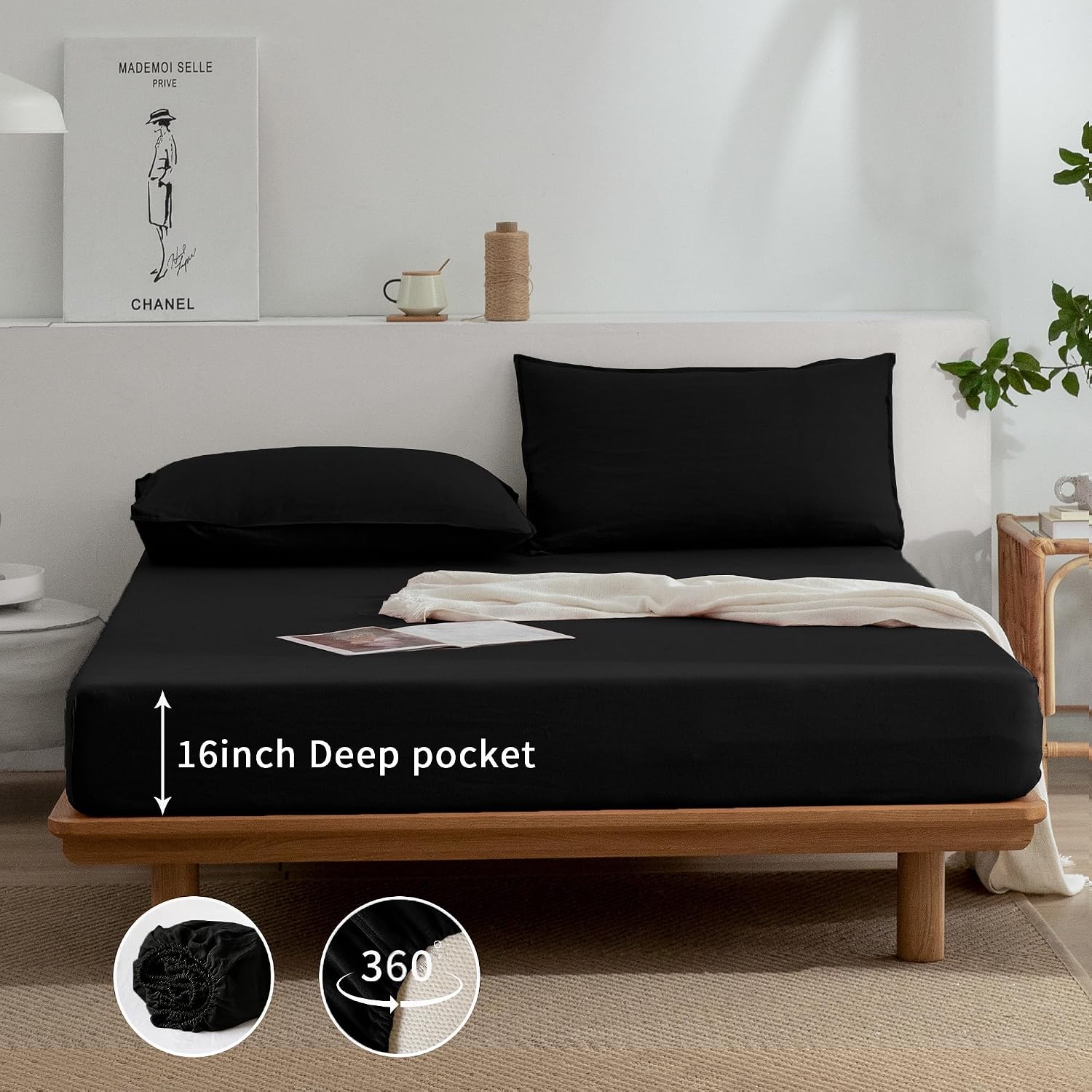 EVERLY Linen Sheets Set Full Size,100% French Stonewash Pure Linen Sheets Set,4Pieces (1Flat Sheet,1Fitted Sheet,2Pillowcase) Suitable for Hot Sleepers,Deep Pocket Natural Bedding Set-Black