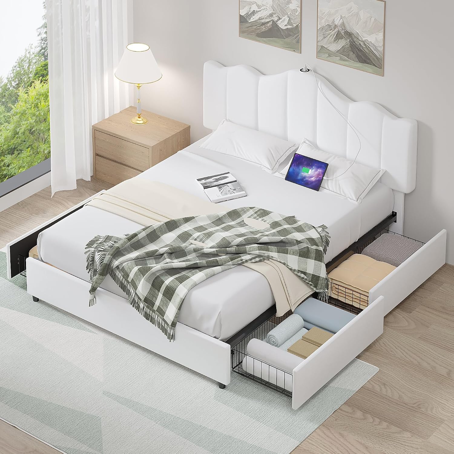 VECELO Queen Size Platform Bed Frame with Type-C & USB Charging Stations/4 Storage Drawers, Upholstered Adjustable Headboard, Strong Wooden Slats Support, No Box Spring Needed, Easy Assembly