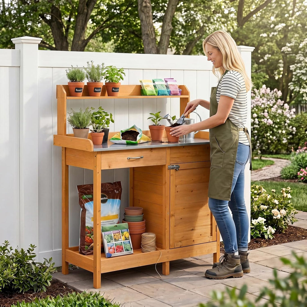 S AFSTAR Outdoor Potting Bench Table, Wooden Garden Work Station with Drawer, Storage Cabinet, Open Shelf, Side Hooks, Metal Tabletop Gardening Workbench, Potting Benches for Outside Backyard Balcony