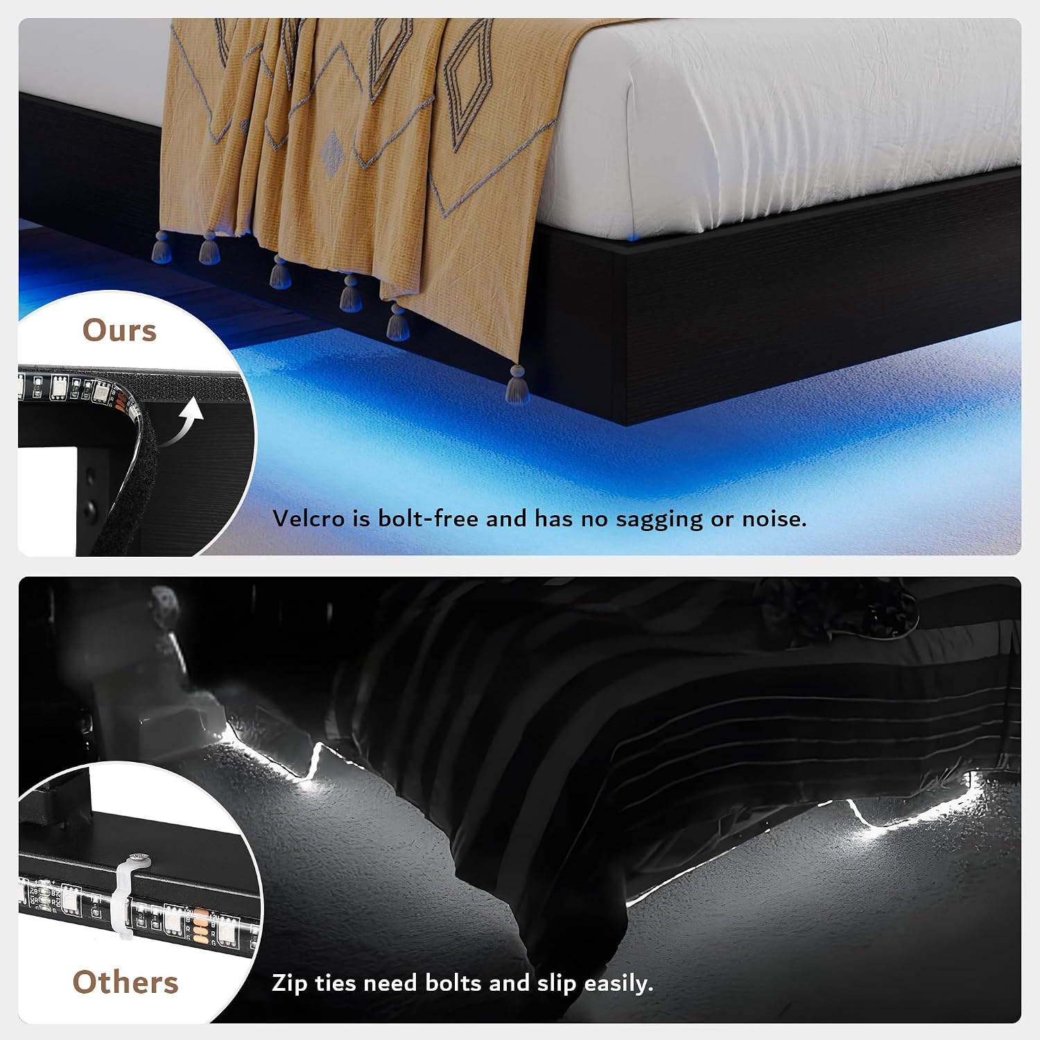 iPormis Floating Twin Size Bed Frame with LED Lights & Charging Station, Platform Bed with Wooden Storage Headboard, Heavy Duty Slats Support, No Box Spring Needed, Easy Assembly, Noise-Free, Black