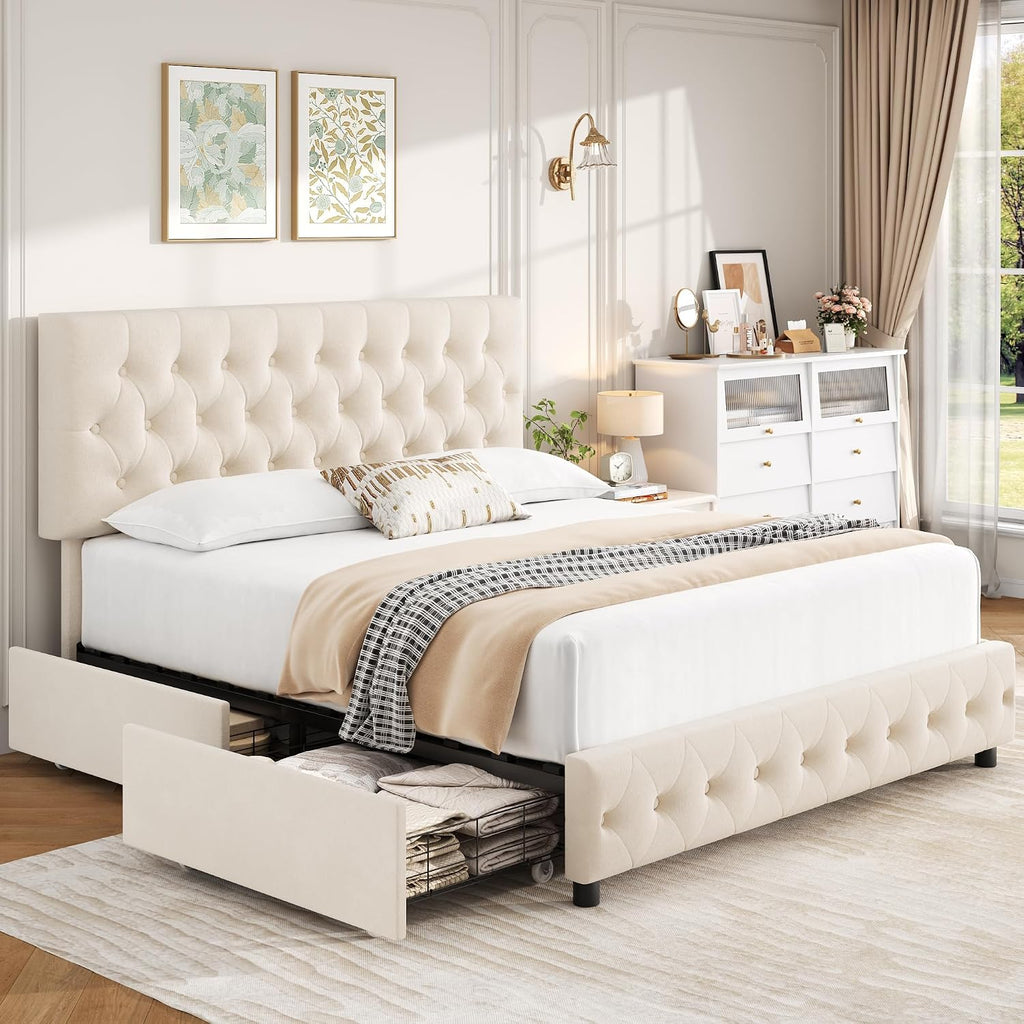 Keyluv Modern Upholstered Bed Frame with 4 Storage Drawers, Button Tufted Headboard Design, Solid Wooden Slat Support, Easy Assembly, Soft Velvet, Beige, King Size
