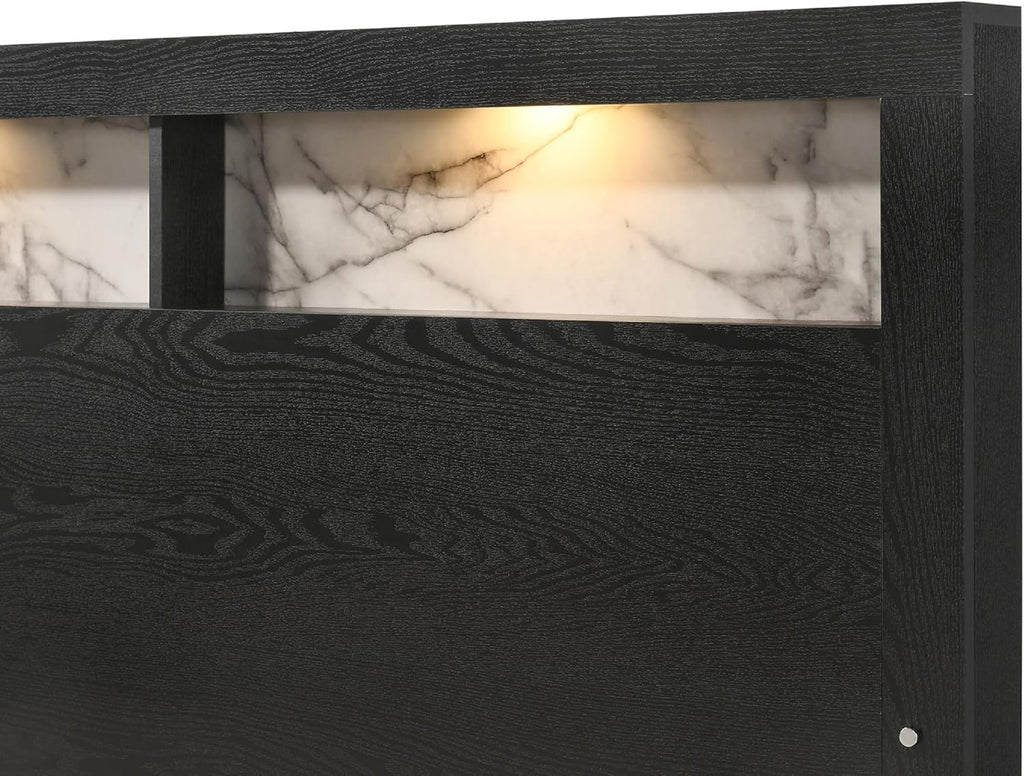 Modern 5Pc Black Finish King LED Light Headbaord Panel Bed Marble Look Accent Set Bedroom Solid Wood Wooden Furniture