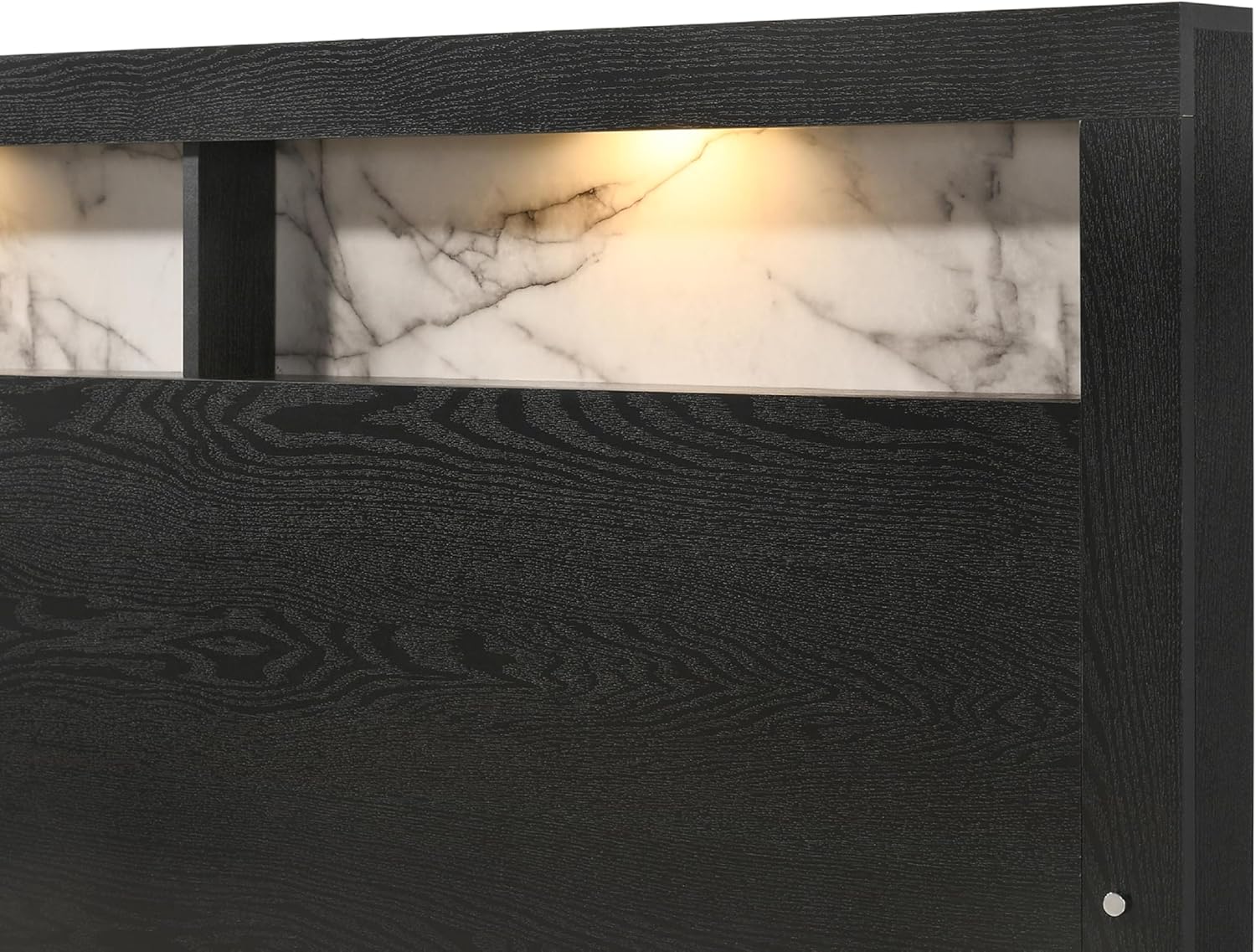 Modern 5Pc Black Finish King LED Light Headbaord Panel Bed Marble Look Accent Set Bedroom Solid Wood Wooden Furniture
