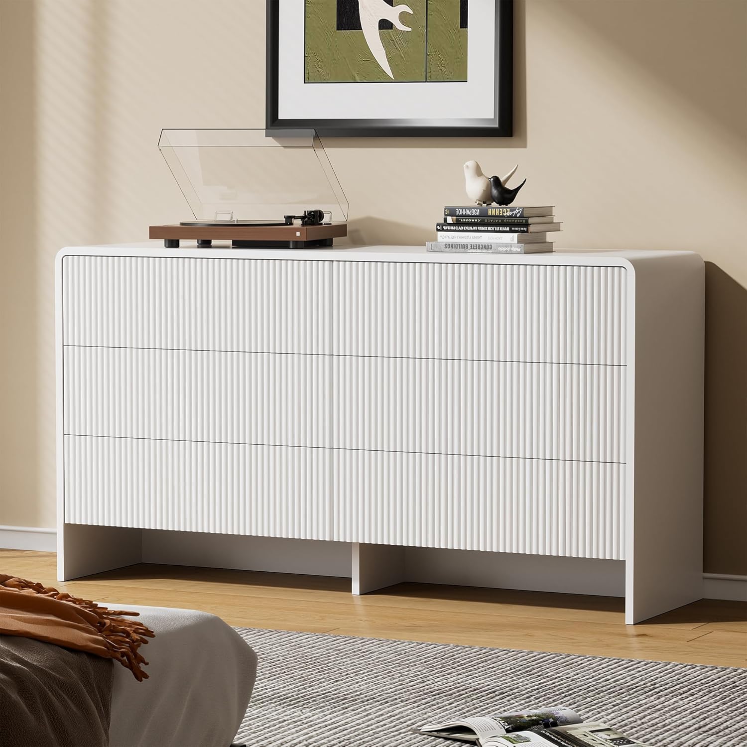 Furniway 55' Wide Modern Dresser for Bedroom, 6 Drawer Chest of Drawers with Curved Design, Push-to-Open Storage Dresser, White