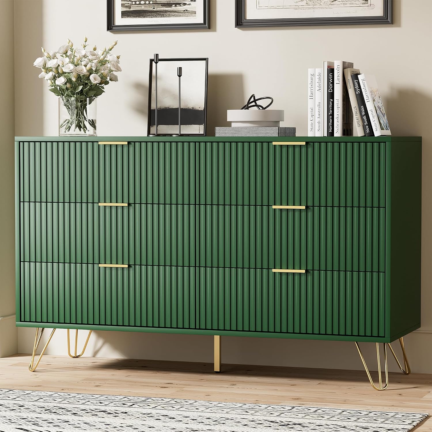 Furniway Green Dresser for Bedroom, Modern Dresser with Gold Metal Handles & Chests of Drawers for Bedroom, 15.7' D x 47.2' W x 29.5' H