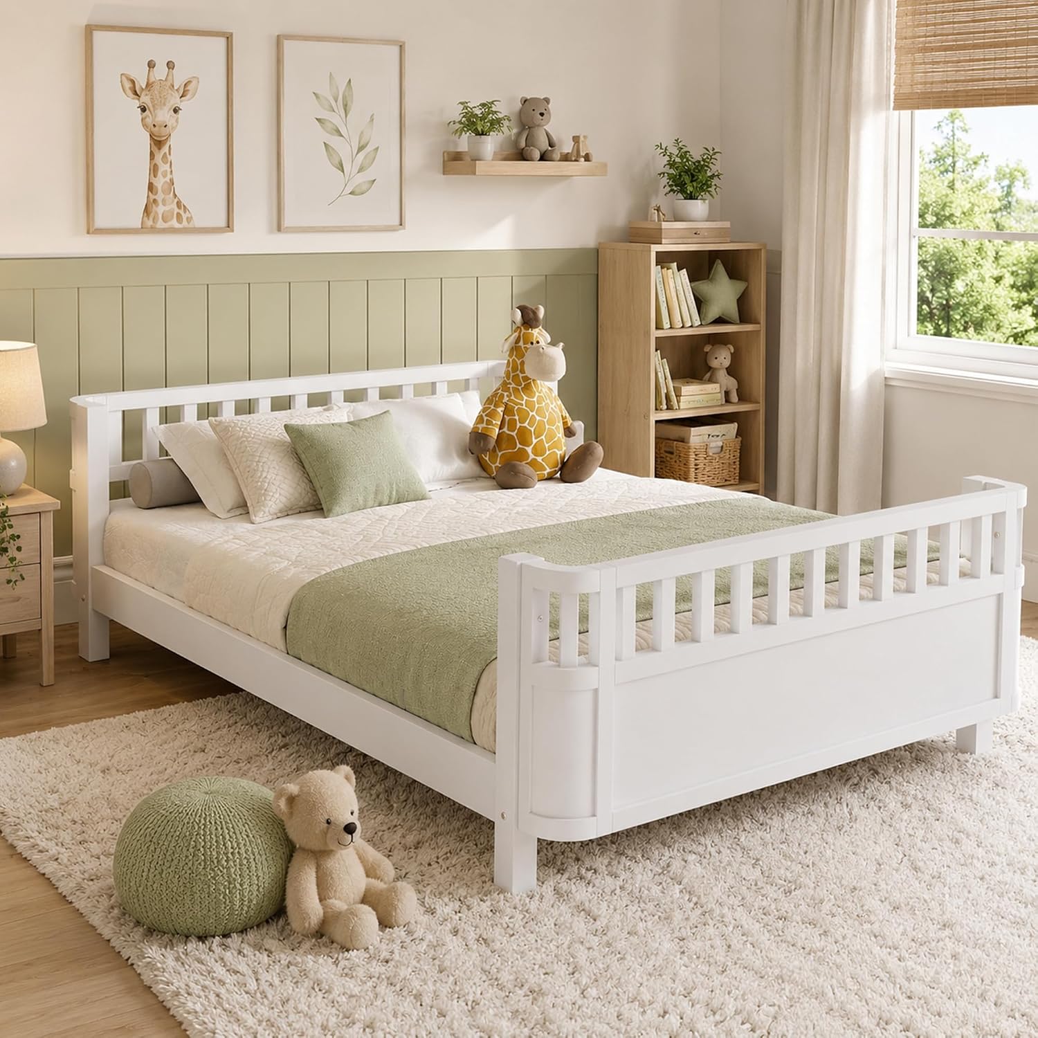 Full Size Kids Bed Frame, Low Profile Montessori Bed Full with Rails, Wood Daybed for Girls & Boys, No Spring Box Required, No Squeaks, White