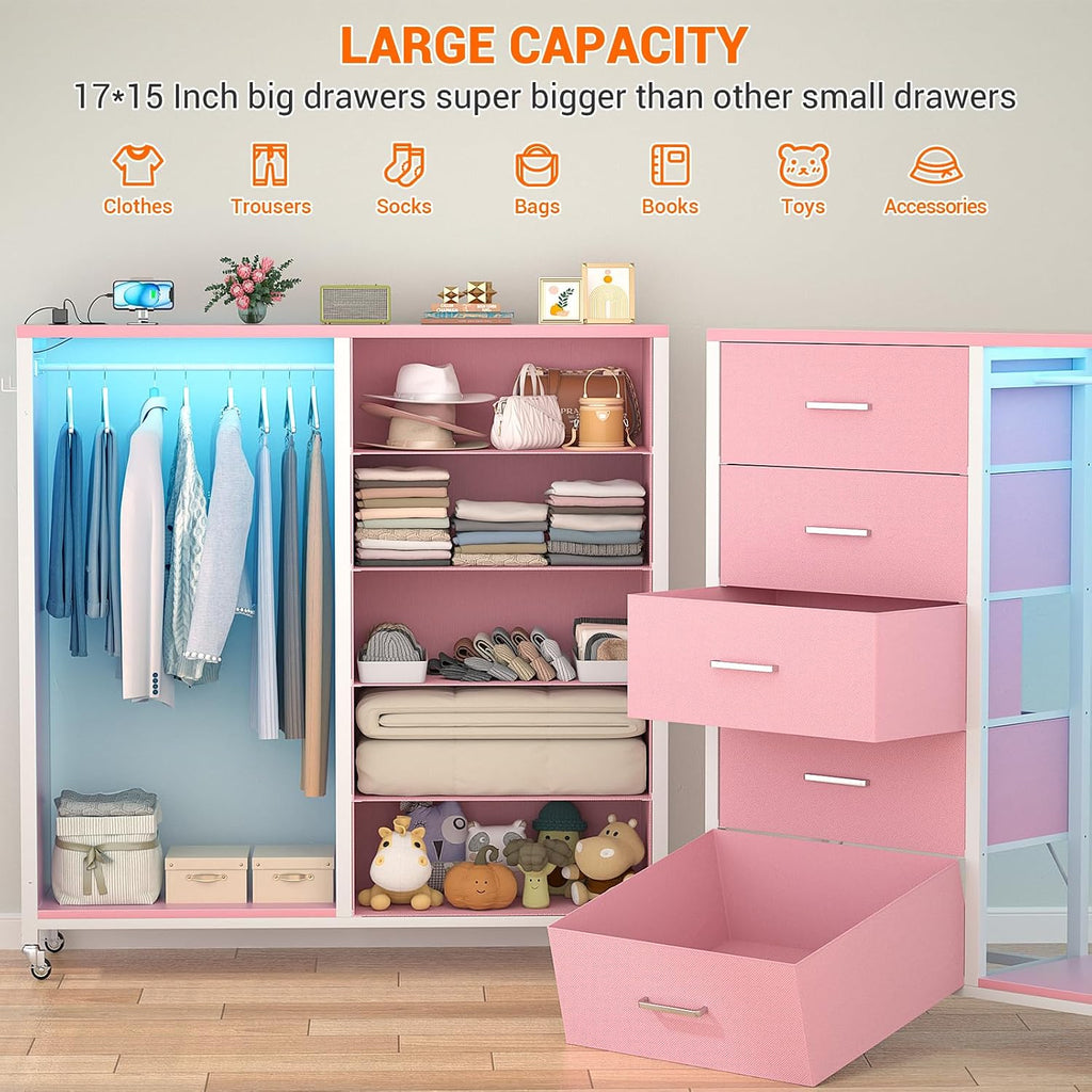 Cyclysio Dresser for Bedroom with Clothes Rack & Mirror, 5 Fabric Drawers Dresser with Charging Station & LED Lights, Rolling Chest of Drawers with Wheels, Full Length Mirror, Wooden Top, Closet