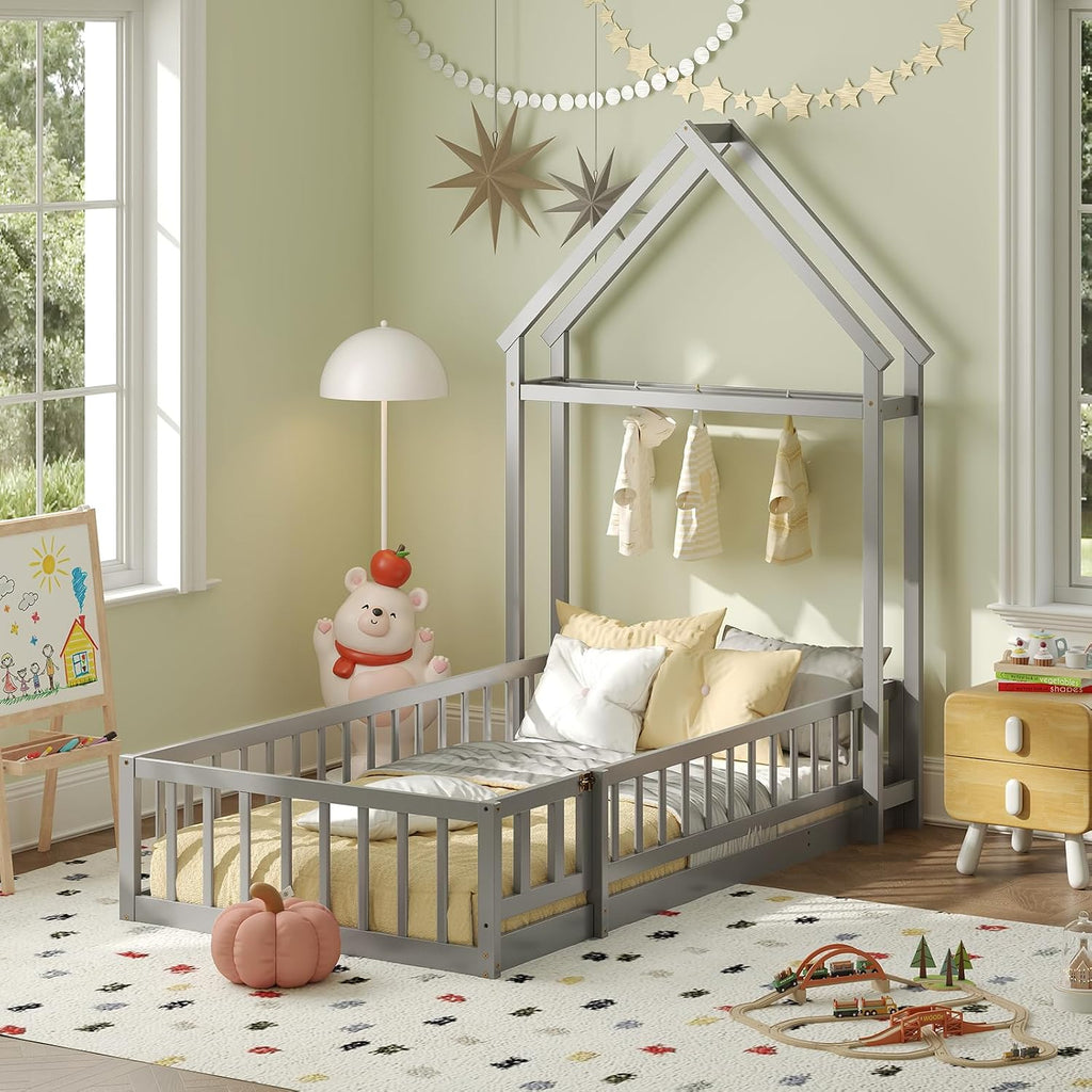 KOMFOTT Twin Size Floor Bed with House-Shaped Headboard, Kids Montessori Floor Bed with Detachable Clothes Hanger, Full Length Safety Guardrails, Door & Latch, Solid Wood Floor Bed Frame