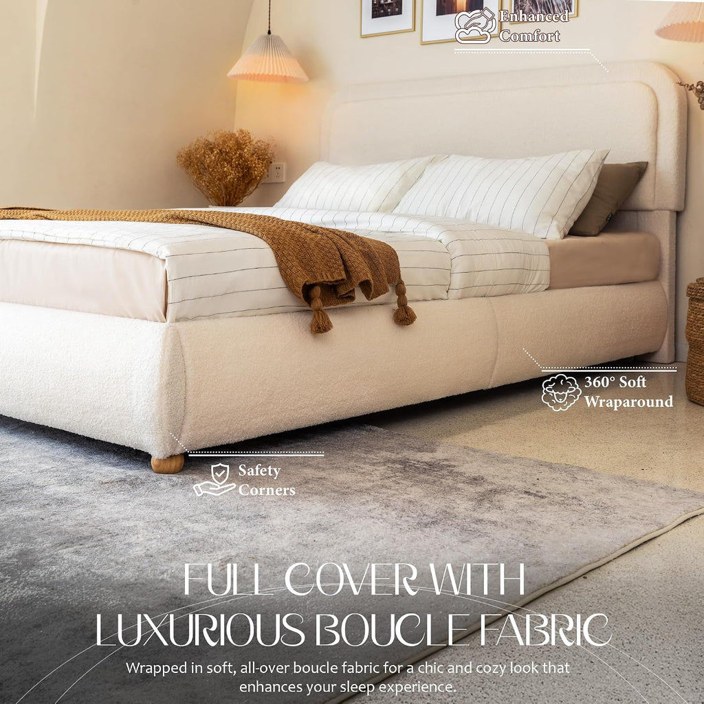 Yechen Boucle Cloud Full Bed Frame with Round Corner Headboard, Upholstered Soft Trendy Bedframe with Solid Wood Legs, Boho Cute Bed with Wooden Slats, Easy Assembly, No Box Spring Required, Beige