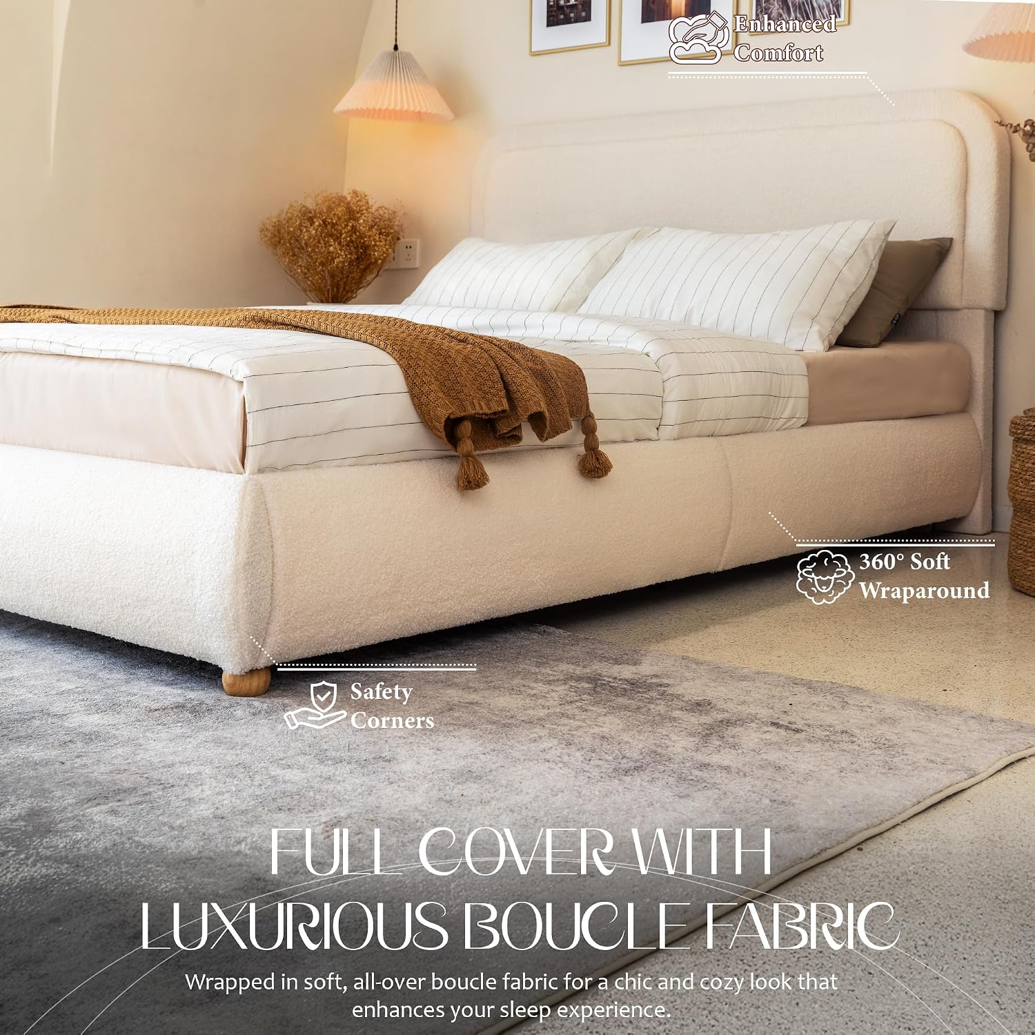 Yechen Boucle Cloud Full Bed Frame with Round Corner Headboard, Upholstered Soft Trendy Bedframe with Solid Wood Legs, Boho Cute Bed with Wooden Slats, Easy Assembly, No Box Spring Required, Beige