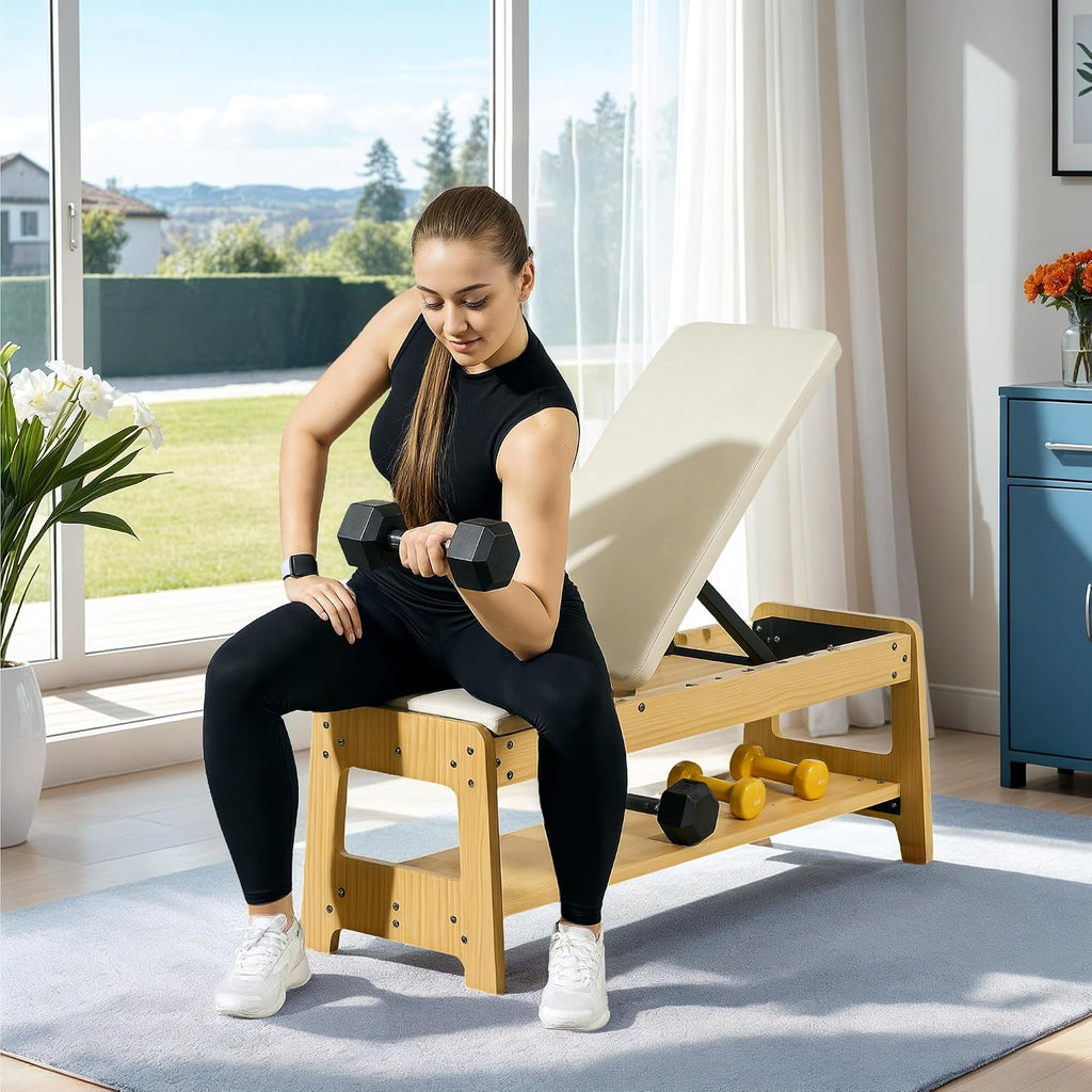 Soozier Adjustable Weight Bench with Dumbbell Rack, Wooden Workout Bench, Flat or Incline Bench for Home Gym Weight Lifting Training