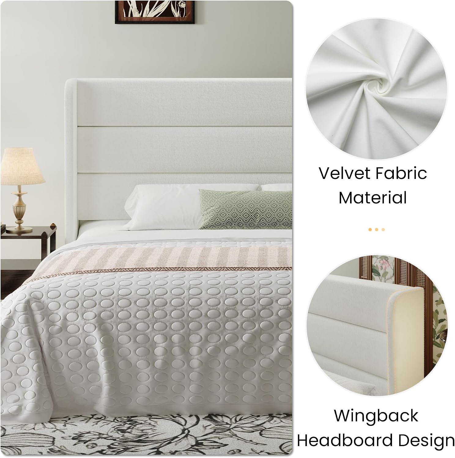 SHA CERLIN Queen Size Velvet Bed Frame with Wingback Headboard/Upholstered Platform Bed with Wooden Slats/Mattress Foundation/No Box Spring Needed/Easy Assembly/White