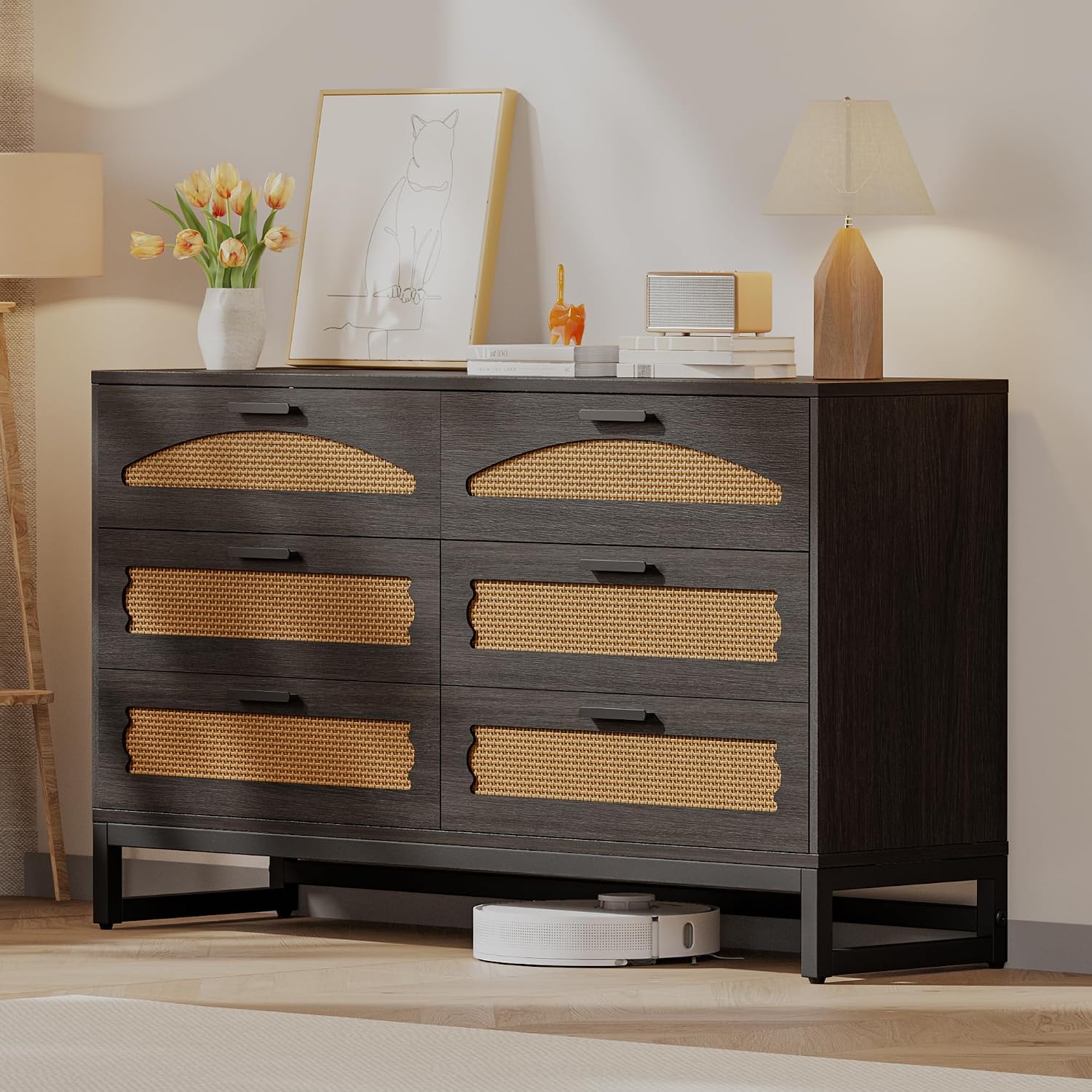 Mericonia 6 Drawer Double Dresser for Bedroom, Rattan Chest of Drawers, Modern Wooden Dresser Chest with Metal Frame for Bedroom, Living Room, Hallway and Entryway, Black