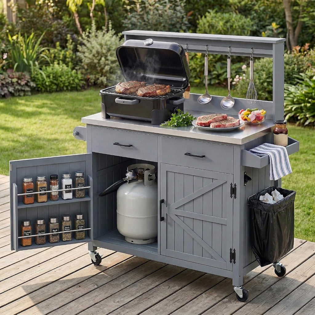 54.1' Outdoor Kitchen Island with High Shelf – Large Potting Bench Table Featuring Stainless Steel Top, Solid Wood Grill Cart, Lockable Wheels & Smart Storage for BBQ, Garden(Grey Blue)