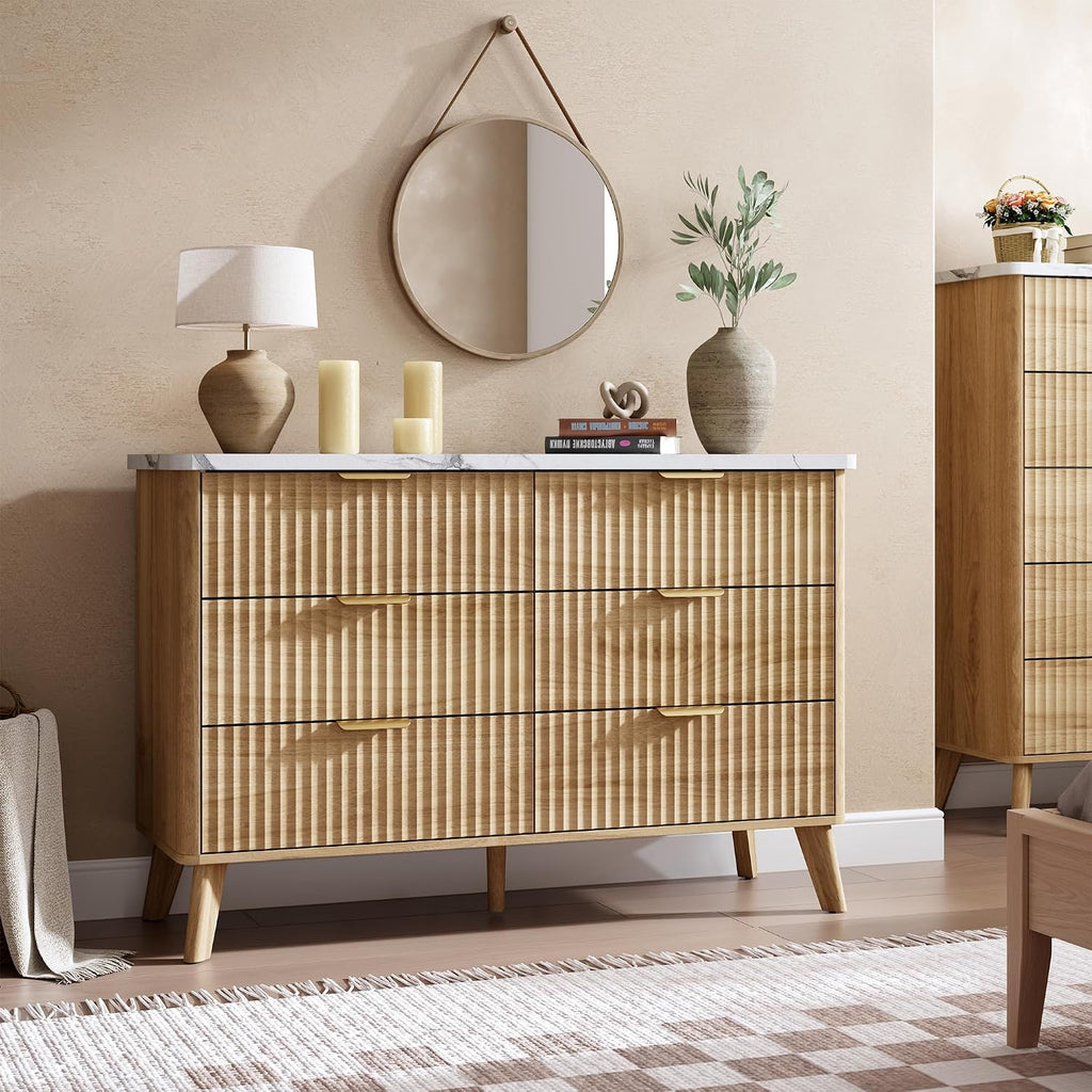 Fluted Dresser for Bedroom with 6 Deep Drawers, 47.2 in Tall Chest of Drawers with Faux Marble Top, Curved Profile Design, Modern Wooden Dresser, for Living Room, Kids Room, Hallway, Natural Oak