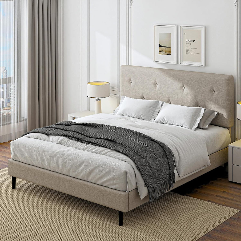 Queen Size Linen Bed Frame, Upholstered Platform Bed Frame with Adjustable Headboard, Wooden Slats Support, No Box Spring Needed, Easy Assembly, Beige