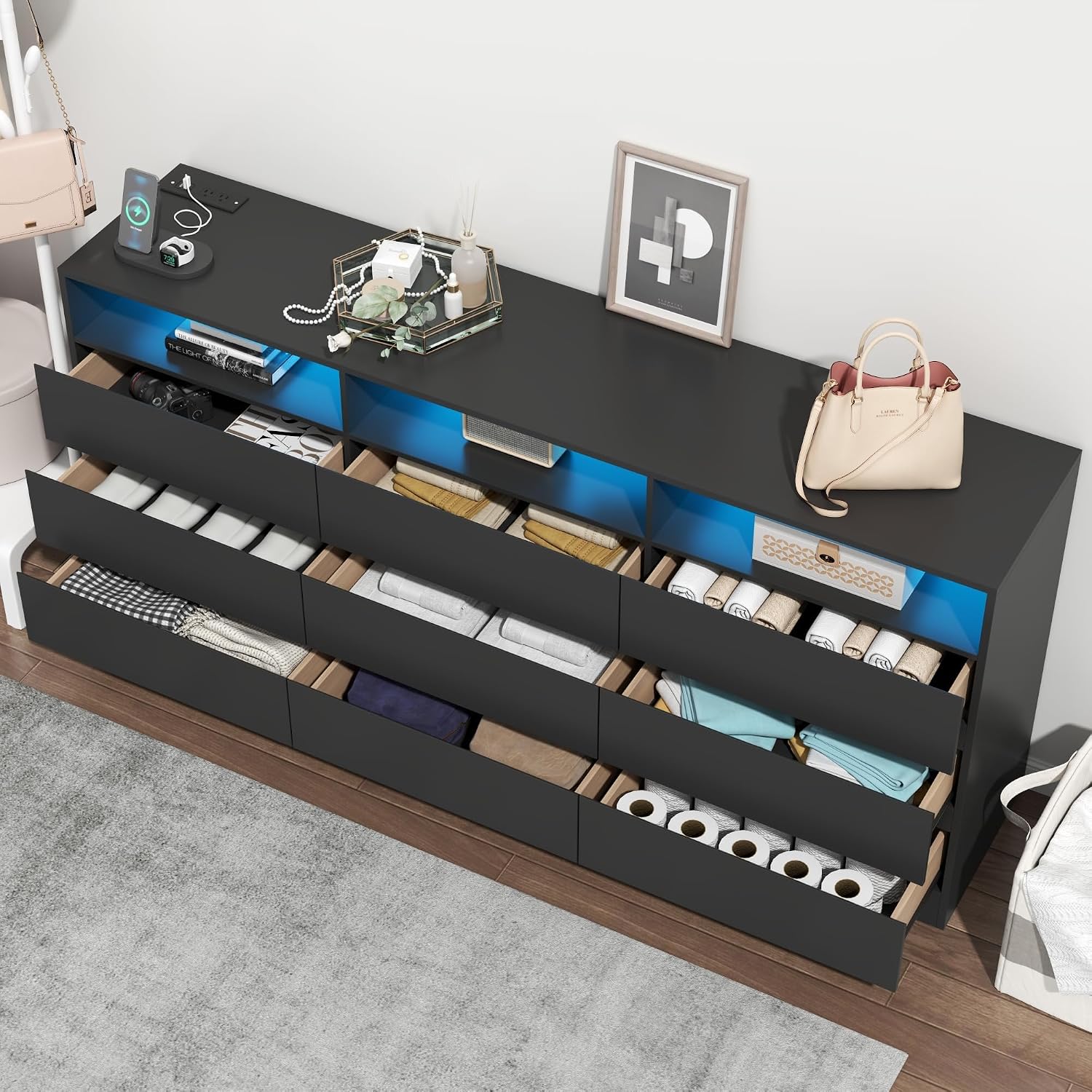 Loomie 9 Drawer Dresser for Bedroom with LED Lights & Power Outlet, Large 63' Black Dressers & Chest w/Deep Drawers, Triple Wide Dresser TV Stand for TVs up to 75',Dressers Organizer w/3 Open Cubbies