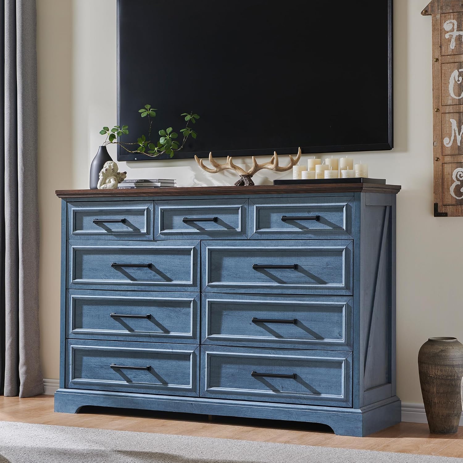 JXQTLINGMU 9 Drawers Dresser for Bedroom, Farmhouse 52'' Wide Dressers & Chests of Drawers w/Roman Column, Large Storage Dressers Organizer for Bedroom Hallway, Blue