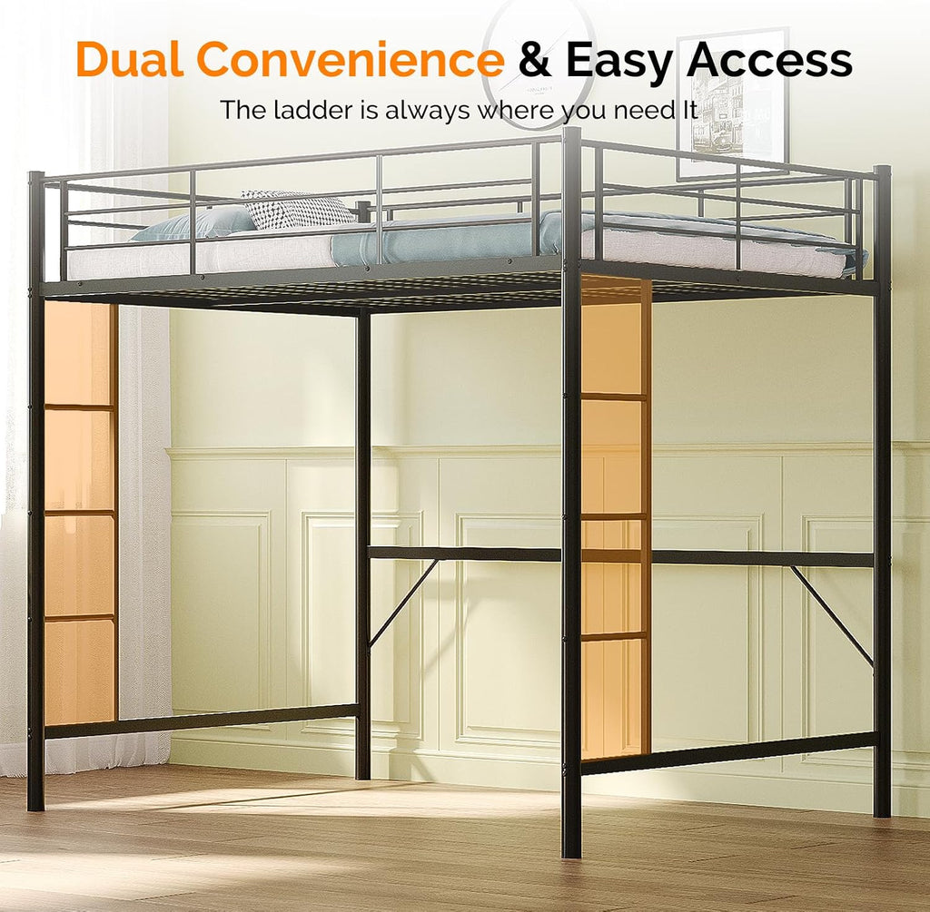 VINGLI Full Size Loft Bed Kids Loft with 2 Stairs Design,Space-Saving Double Bed for Teens, Adults, Heavy Duty Metal Square Slat, No Box Spring Needed,Black