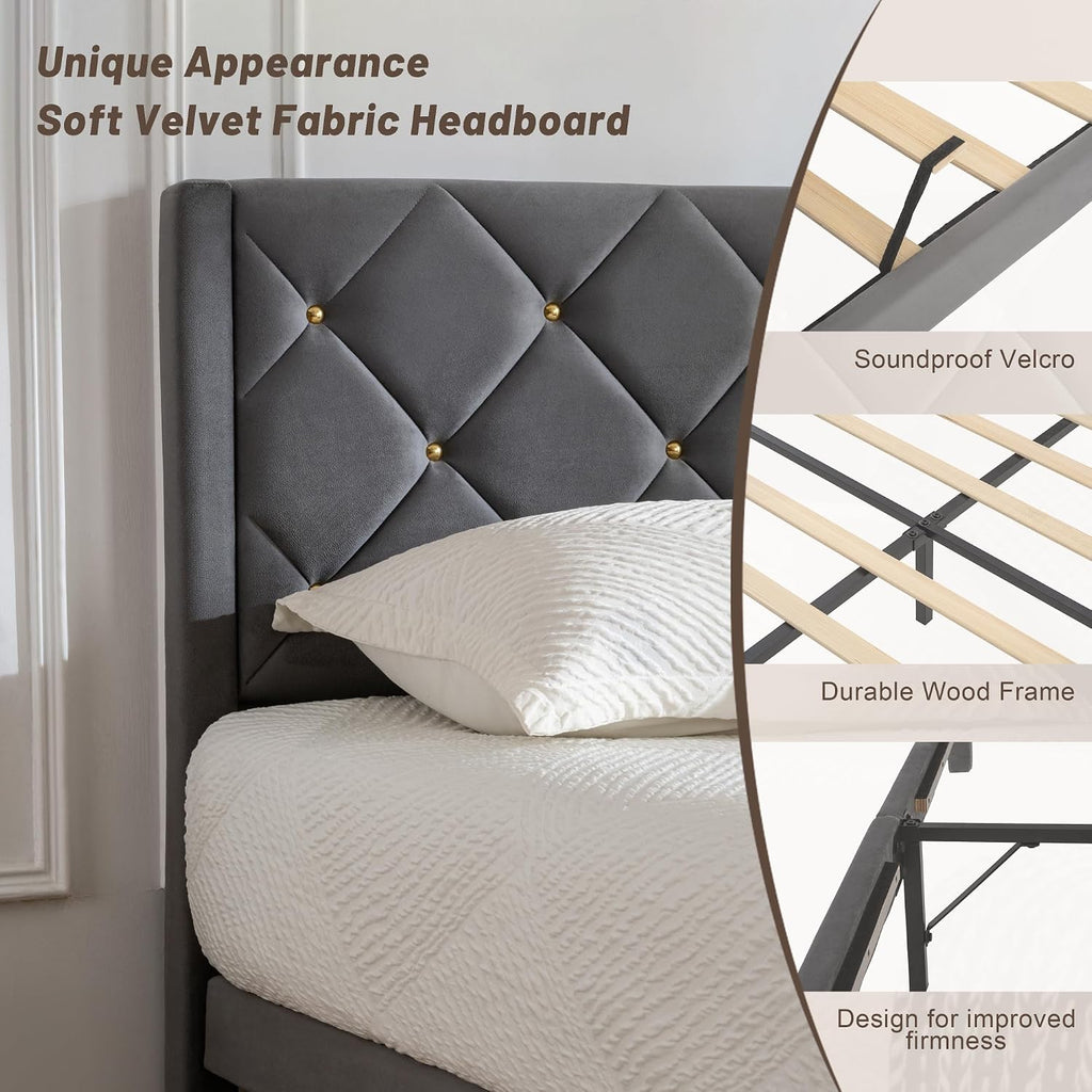 Full Size Platform Bed Frame with Velvet Headboard, Sturdy Wooden Slats Support, Mattress Foundation, No Box Spring Required, Non-Slip and Noise-Free,Easy Assembly, Grey