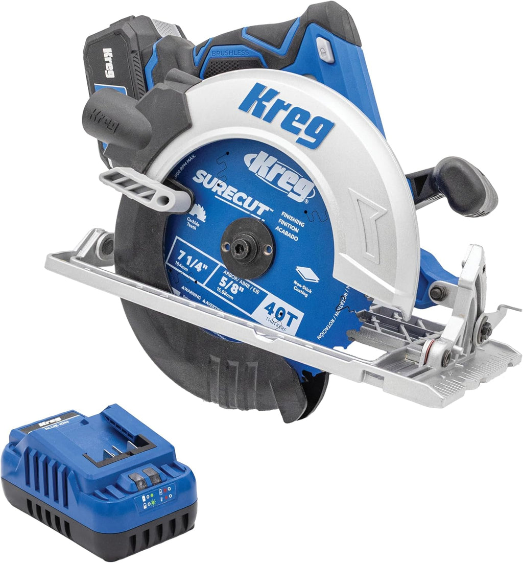 Kreg 20V Ionic Drive 7 1/4' Circular Saw, 20V Blue Ion Charger & Blue Ion 4Ah Battery Pack - Powerful Brushless Motor & Built-In Safety Features - LED for Cutline Visibility - KPTBCS725A