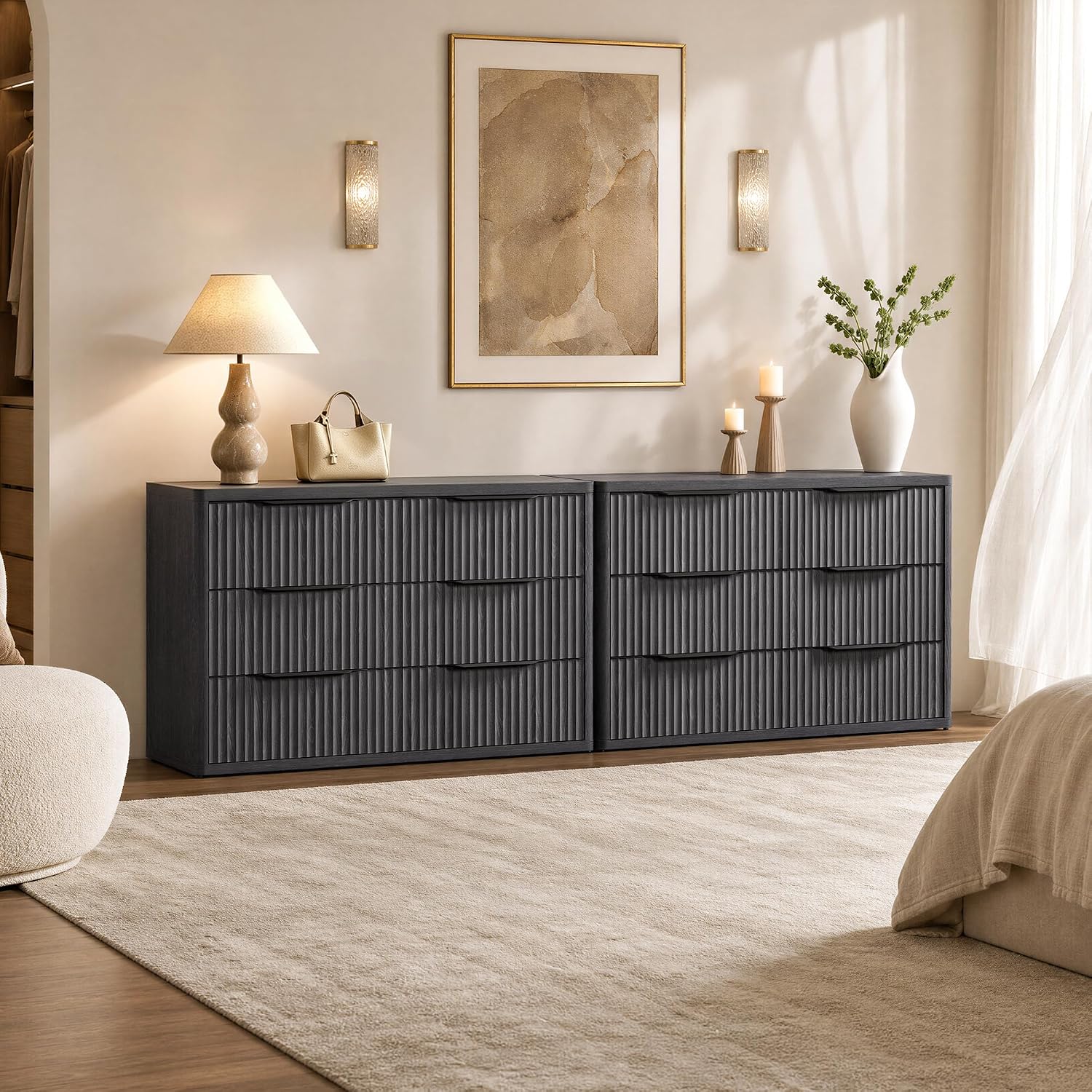 SICOTAS Dresser for Bedroom 53.5' Wide 6 Drawer Dressers & Chests of Drawers for Closet Long Large Modern TV Stand Set for Clothes Storage Fluted Clothes Closet for Hallway Entryway, Dark Grey Alder