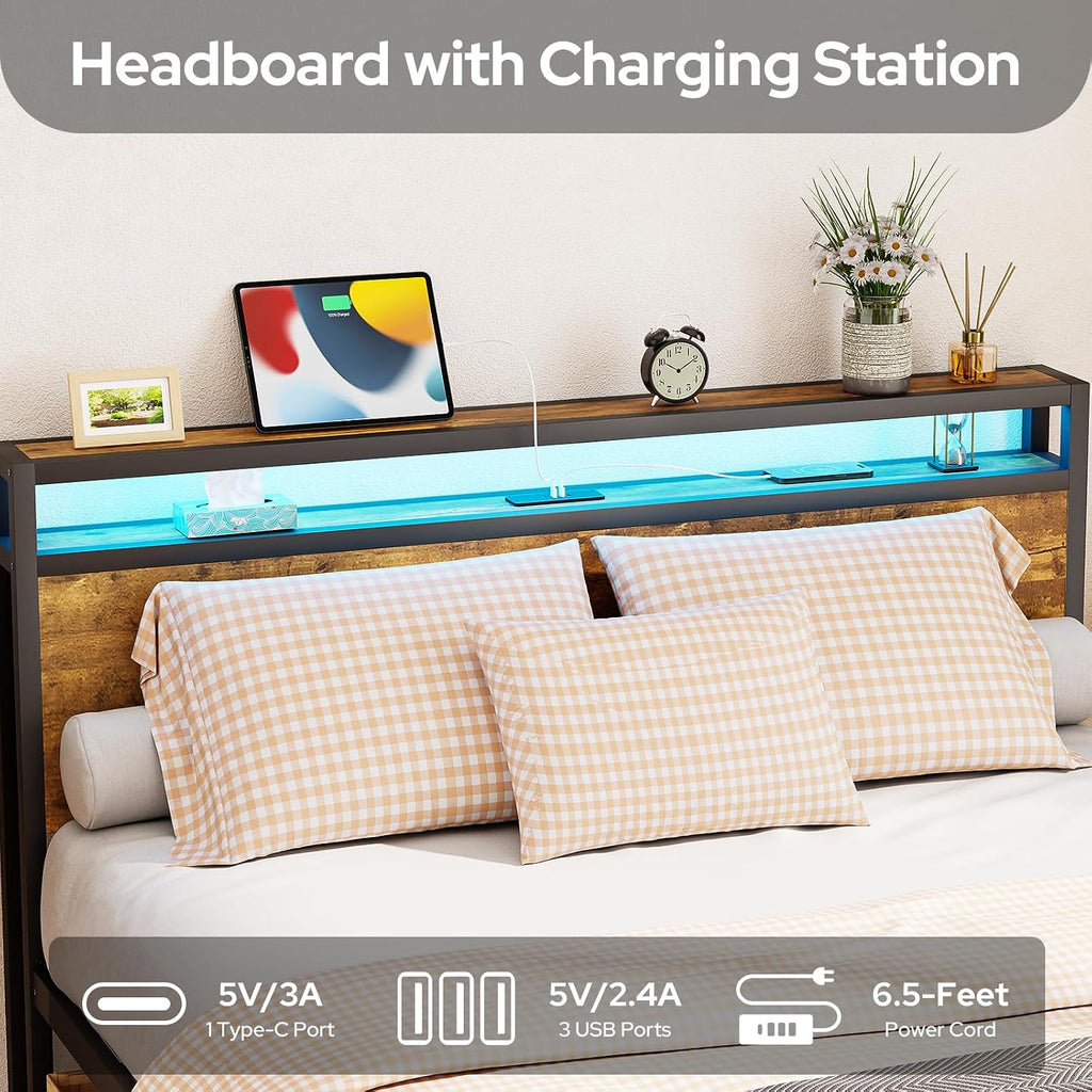 Zevemomo Queen Bed Frame with Drawers, LED Queen Bed Frame with Headboard, Charging Station with 3 USB Ports & 1 Type-C Port, No Noise, Rustic Brown