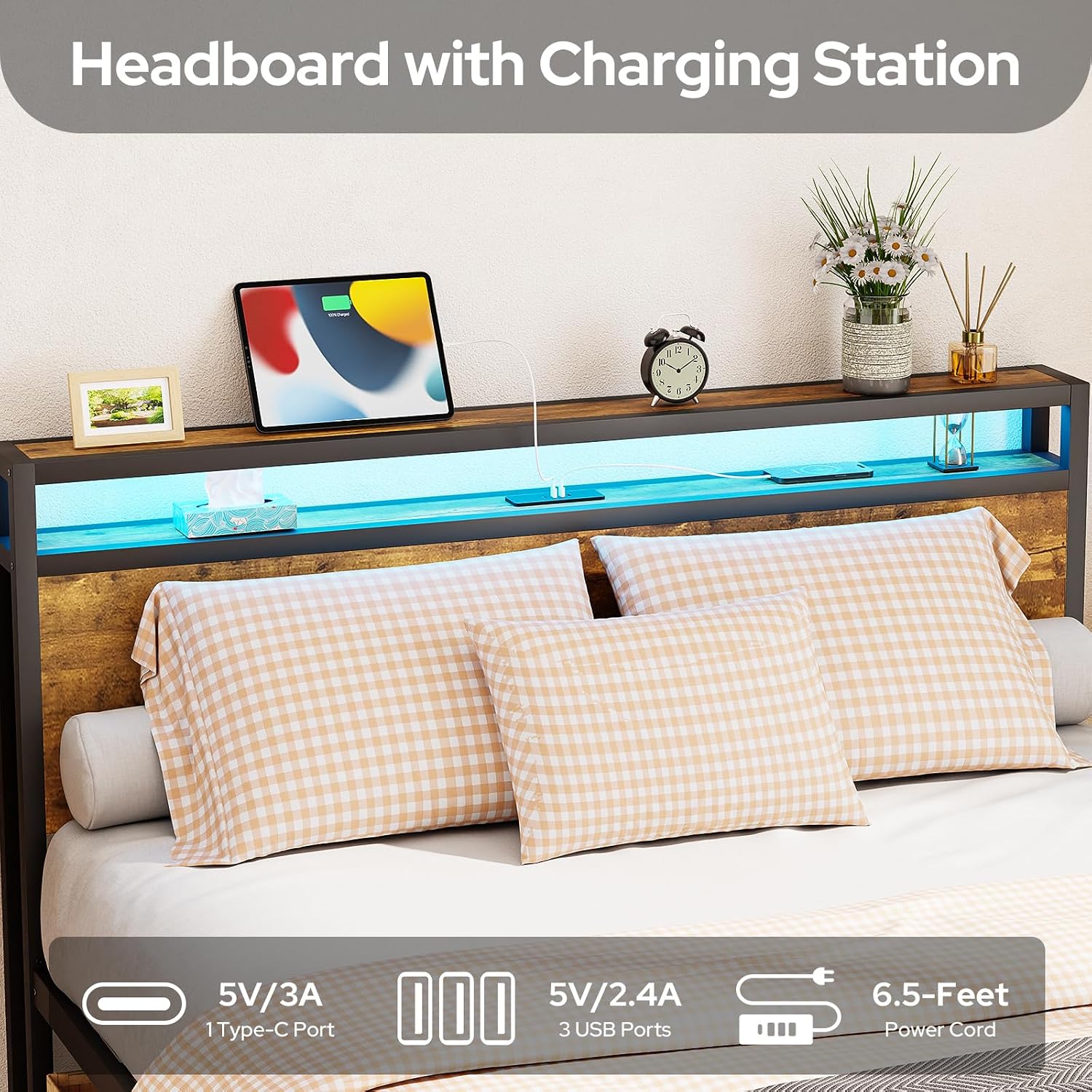 Zevemomo Queen Bed Frame with Drawers, LED Queen Bed Frame with Headboard, Charging Station with 3 USB Ports & 1 Type-C Port, No Noise, Rustic Brown
