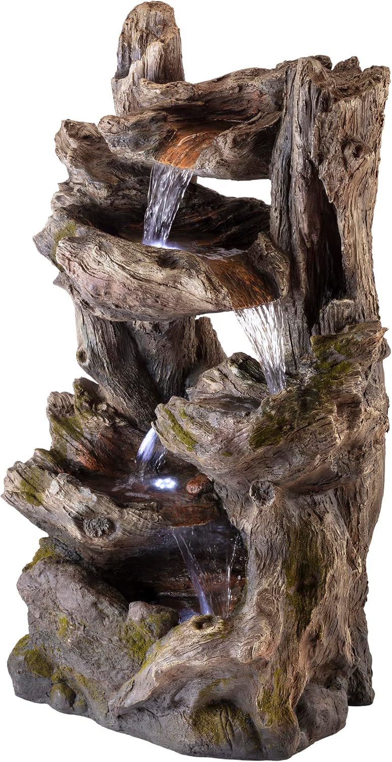 Alpine Corporation WIN794 Outdoor 5 Tier Rainforest Waterfall Fountain with LED Lights, 39' Tall, Brown