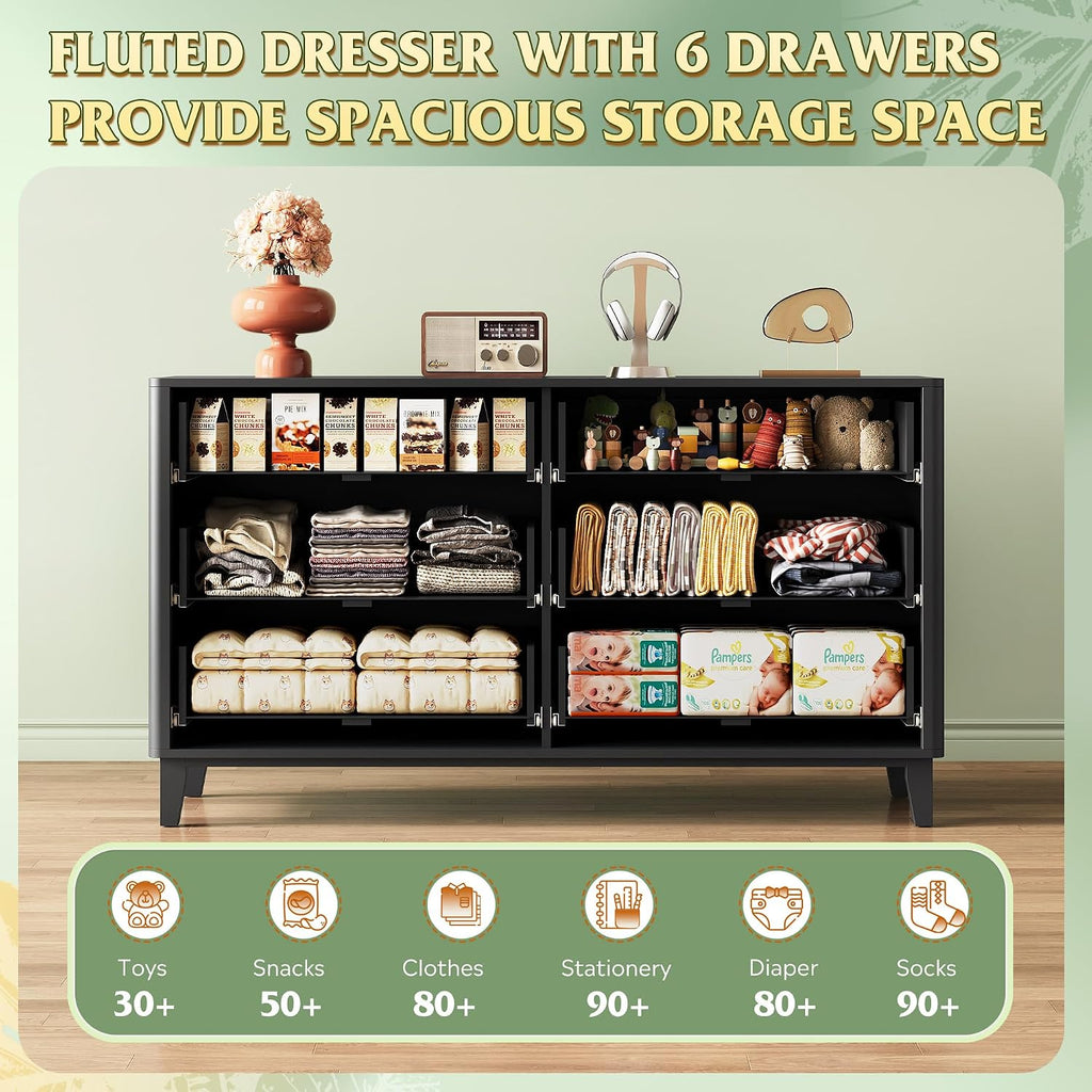 WLIVE Fluted Dresser for Bedroom with 6 Drawers, 54' Wide Wood Dresser with Golden Metal Handles, TV Stand for 65 inch TV, Mid Century Modern Chest of Drawers for Living Room, Hallway, Closet, Black