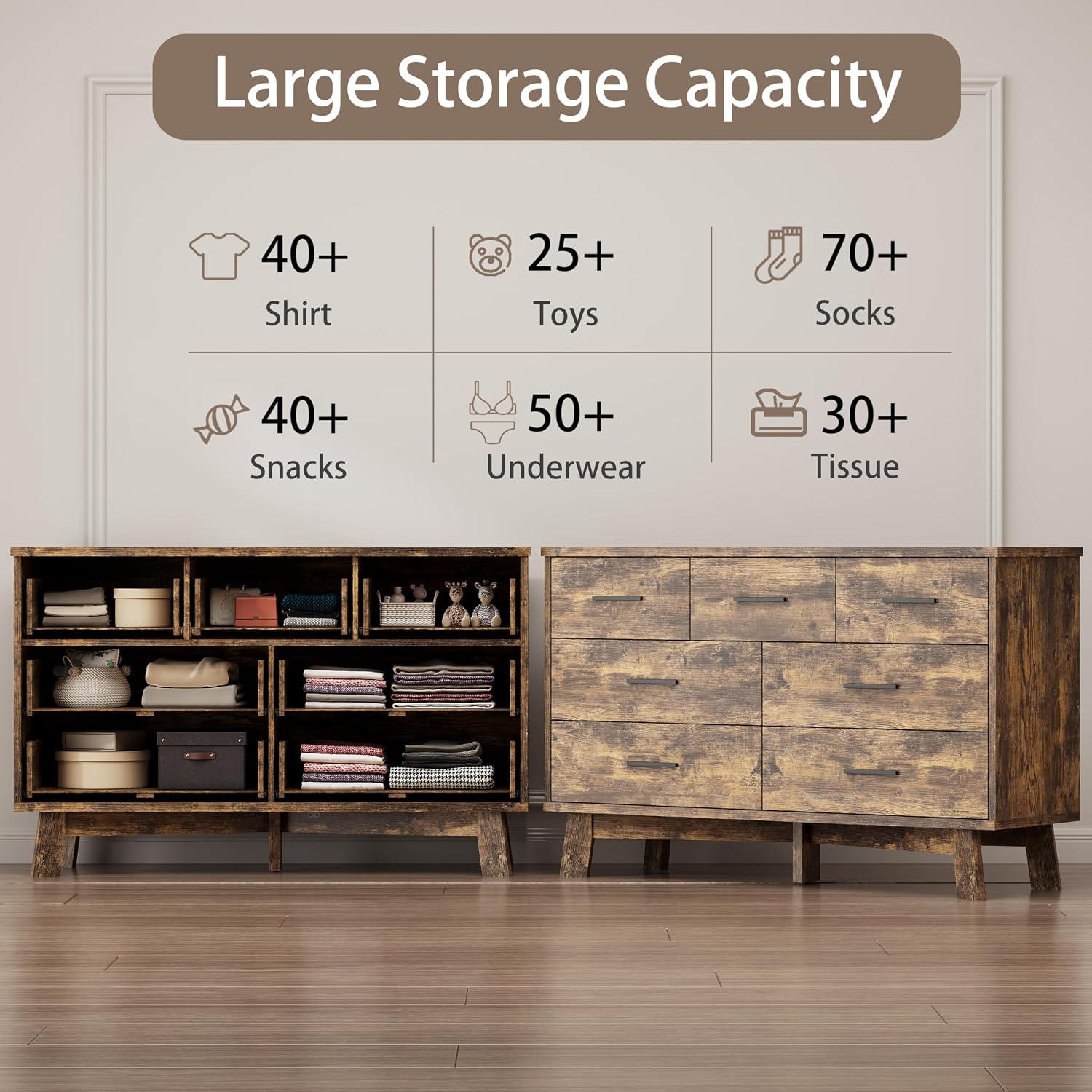 Xixini Dresser for Bedroom with 7 Drawer, Wood Modern Chest of Drawers with X-Shaped Sturdy Base, Wide Double Dresser Closet Clothes Storage Organizer, Wooden TV Stand for Living Room, Hallway, Brown
