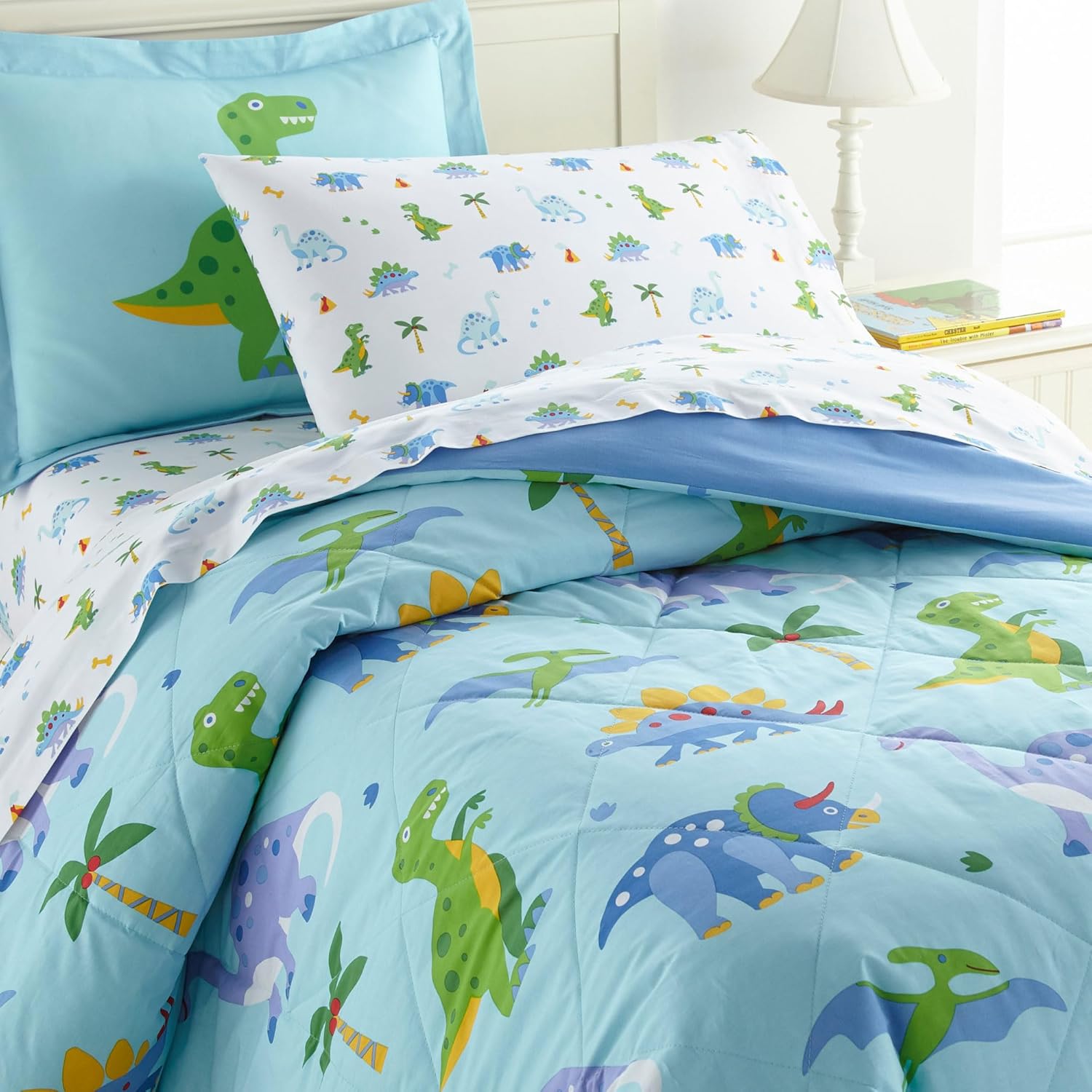 Wildkin 7-Piece Full Bedding Set – 100% Cotton Comforter, Sheets & Pillowcase for Cozy Cuddles (Dinosaur Land)