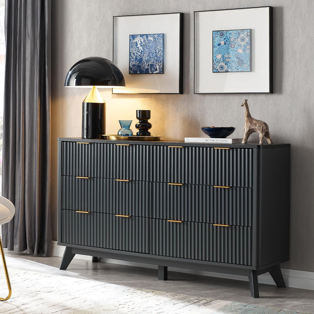 T4TREAM Fluted 6 Drawers Dresser, 54' Wide Modern Chest of Drawers with Faux Marble Top, Curved Profile Design, Dresser TV Stand, Wood Drawer Organizer for Bedroom, Living Room, Hallway, Dark Grey
