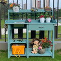 Garden Potting Bench Table, Wooden Workstation Table with Removable Stainless Steel Sink, Open Shelves, All-Weather Garden Table Work Station with Storage Drawers and Side Hooks(Color:Blue)