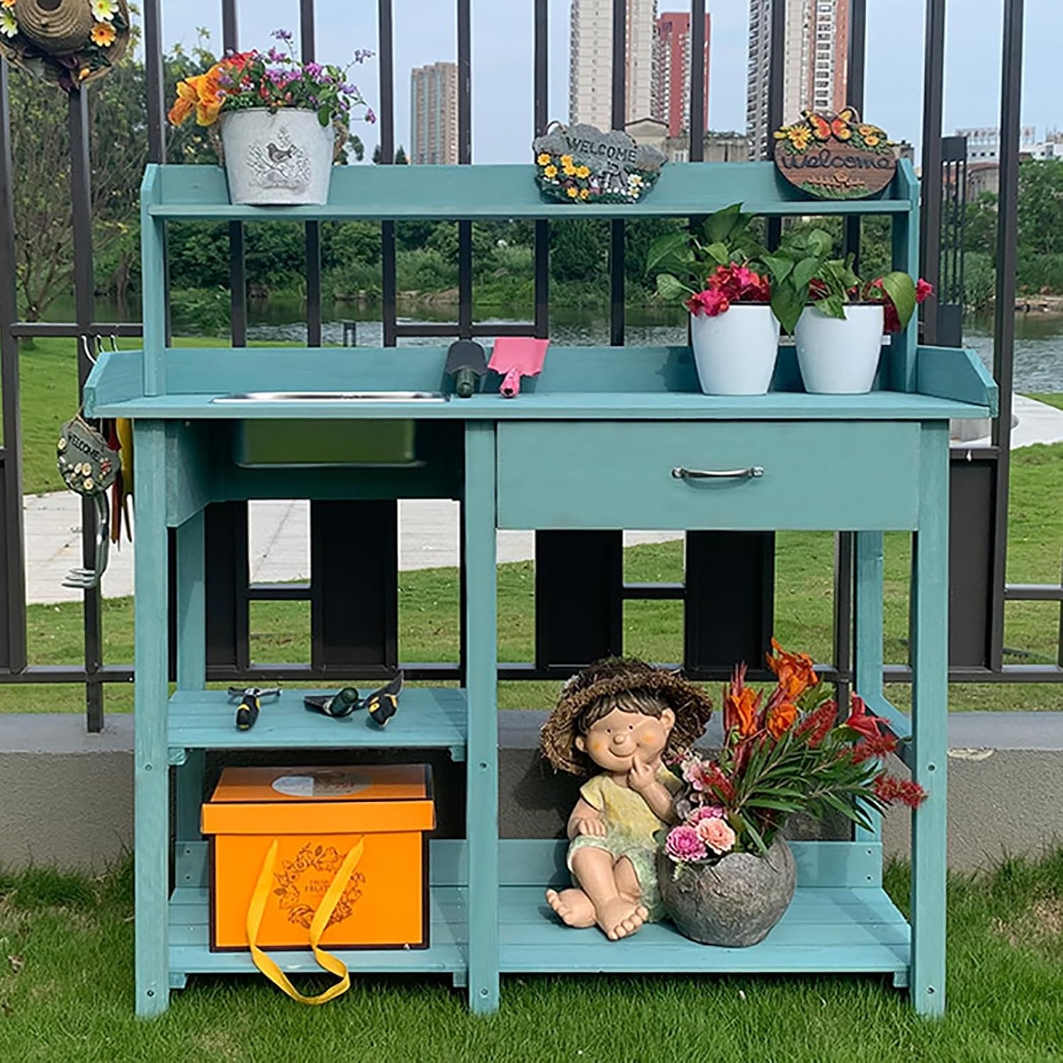 Garden Potting Bench Table, Wooden Workstation Table with Removable Stainless Steel Sink, Open Shelves, All-Weather Garden Table Work Station with Storage Drawers and Side Hooks(Color:Blue)