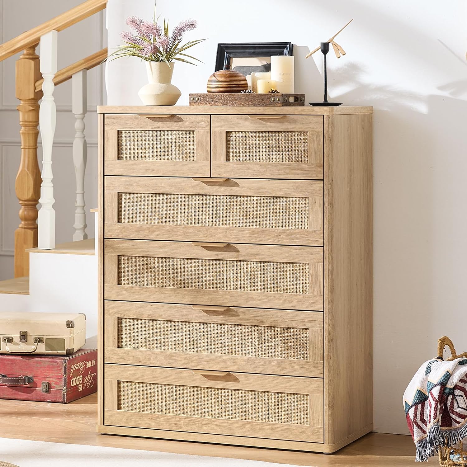 LEYAOYAO Rattan Dresser for Bedroom, 41' Tall Chest of Drawers, Modern 6 Drawers Boho Dressers with Storage, Light Oak Dresser Wooden Closet Organizer for Living Room, Hallway, Natural Wood
