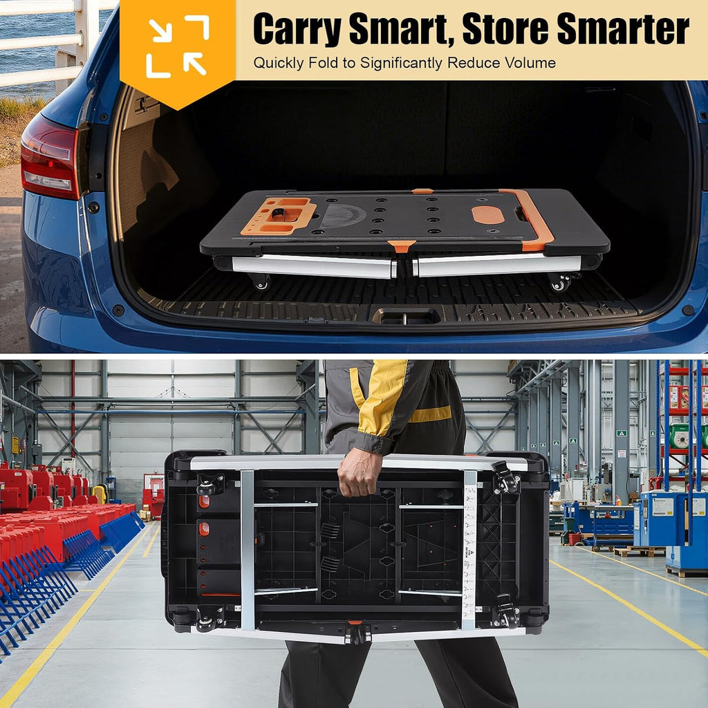7-in-1 Multifunctional Work Platform Portable Workbench Handcart 551lbs Scaffolding Sawhorse Workbench with Garage Woodworking Adjustable Height Car Creeper Dolly and Hand Truck with 4 Wheels